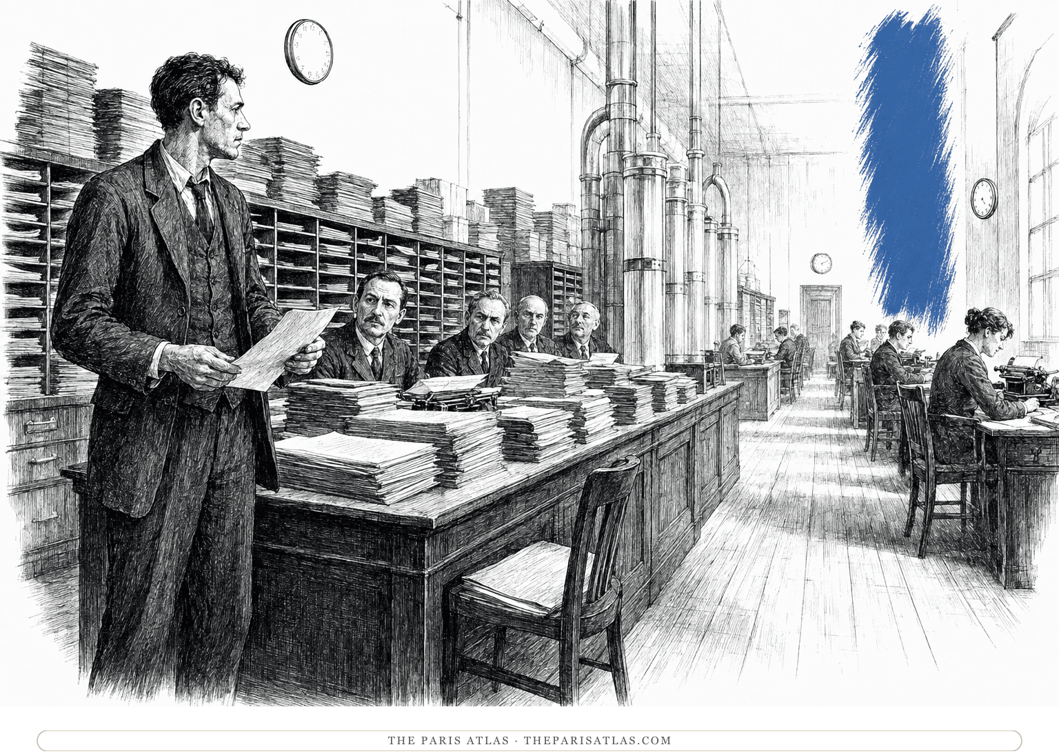A doctor holding a report stands before officials and towering files in a Geneva office, beside a near-vertical cobalt brushstroke.