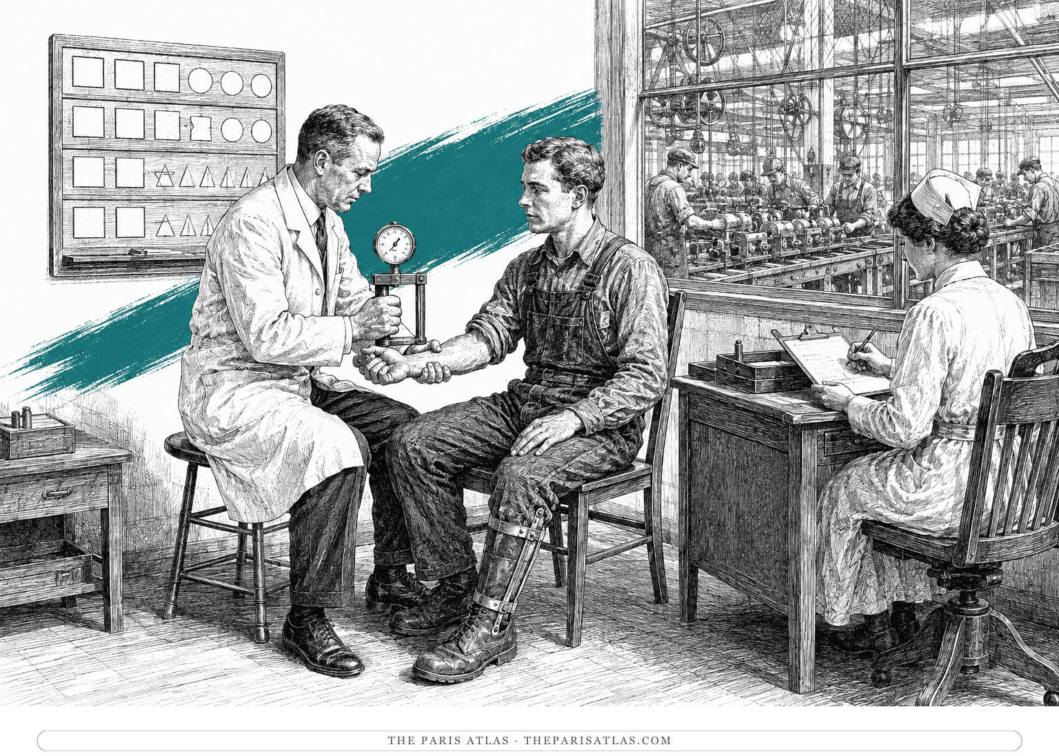 A factory doctor tests a worker’s grip beside a nurse and a blank assignment board, with an assembly line visible beyond a teal brushstroke.