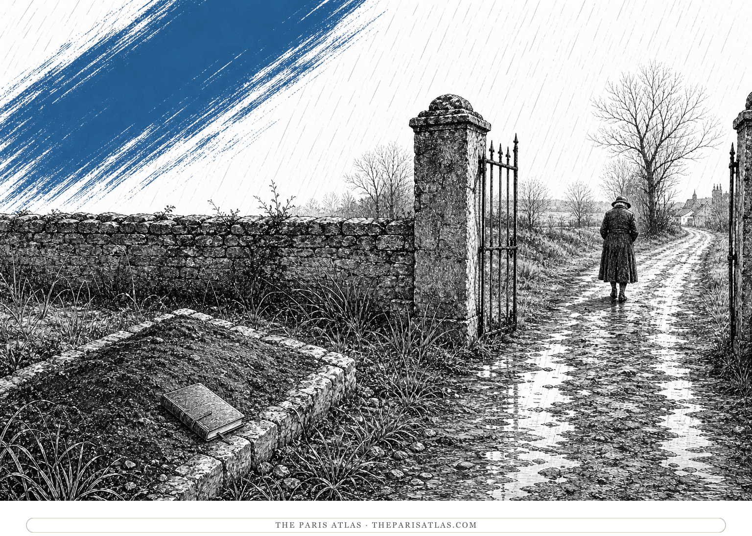 A closed notebook rests at an unmarked grave as an elderly woman walks into rain beneath a descending blue brushstroke.