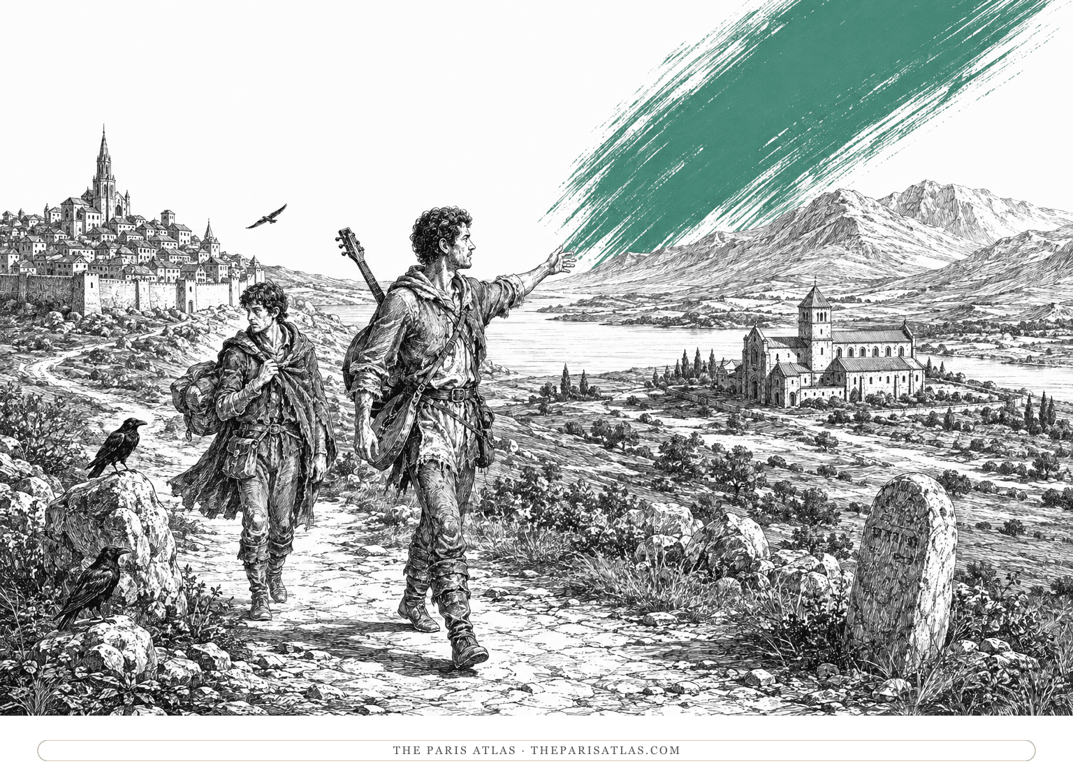 Two medieval travelers follow a winding northern road beneath a steep verdigris brushstroke.