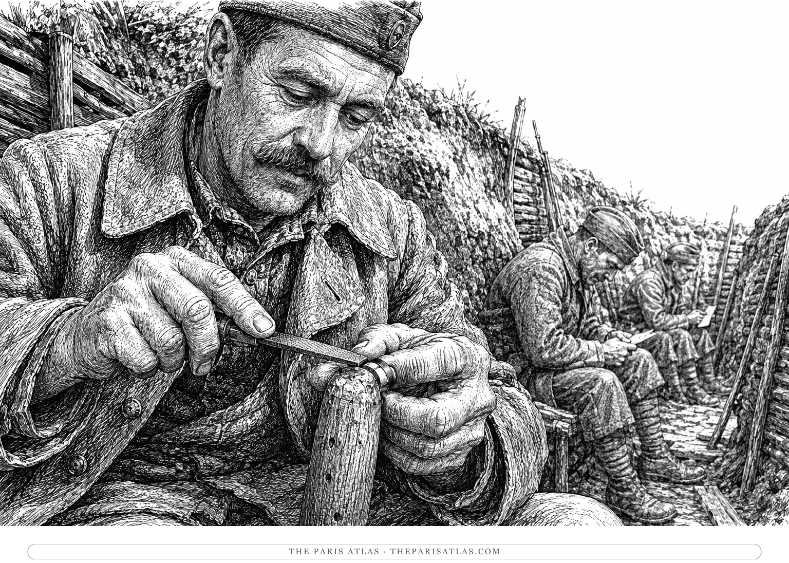 Blaire files a tiny ring in an earthen trench, with copper-colored paint following the band he is making for his wife.