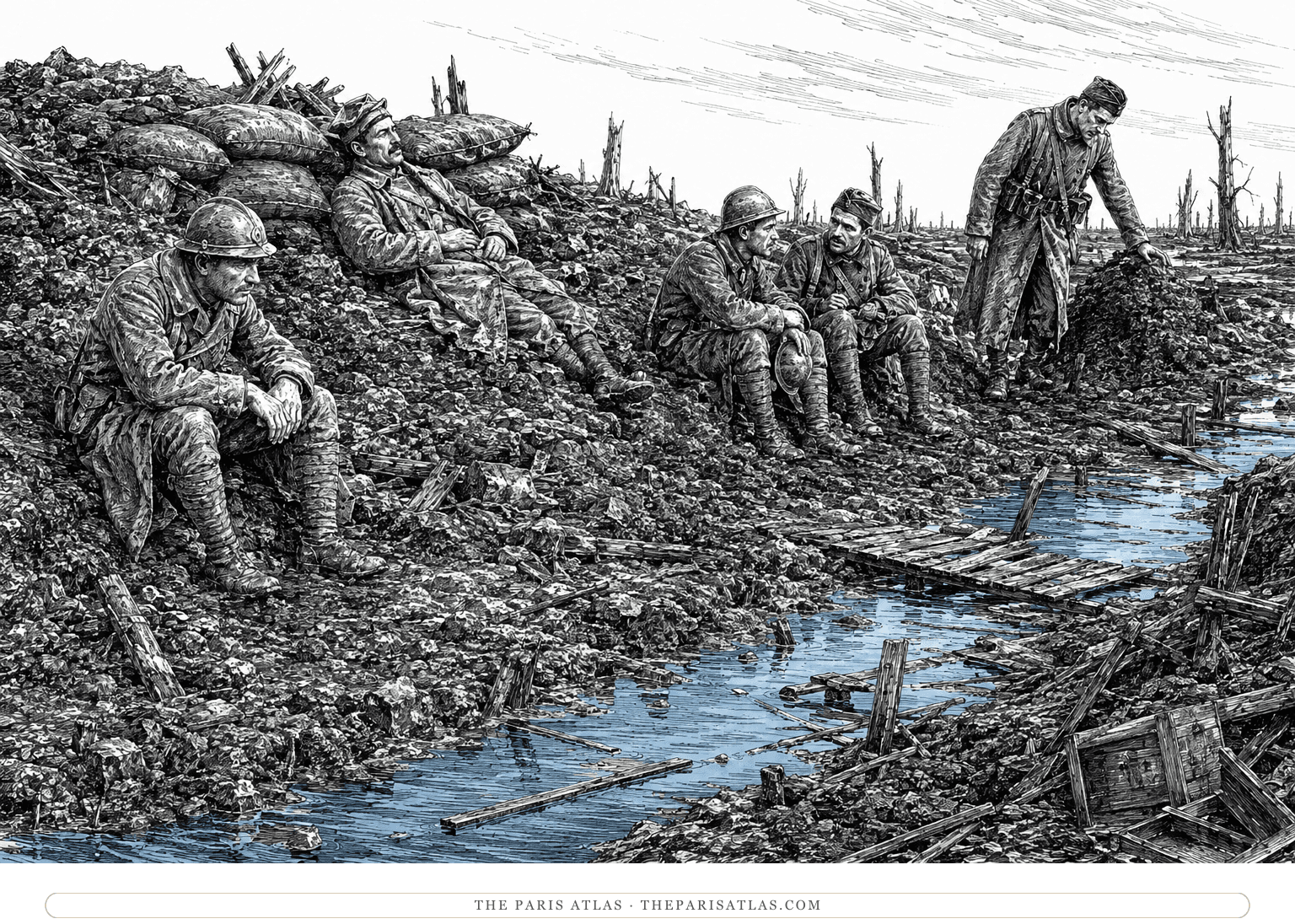 Five exhausted soldiers rest beside a flooded trench at dawn, with slate-blue paint following a channel of standing water.