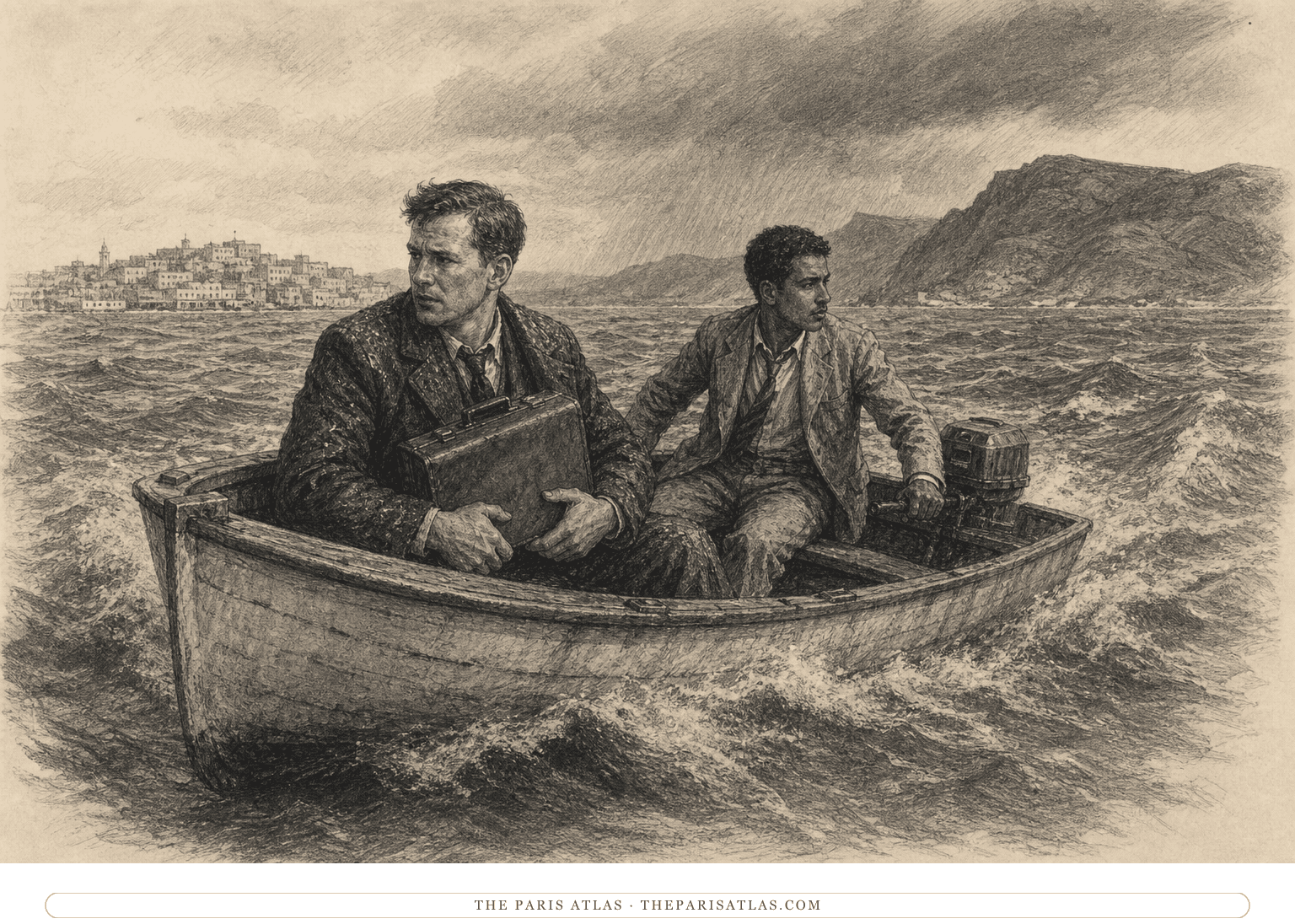 Graphite illustration of two tense men crossing rough water in a small motorboat, one holding a leather briefcase as Tangier recedes behind them