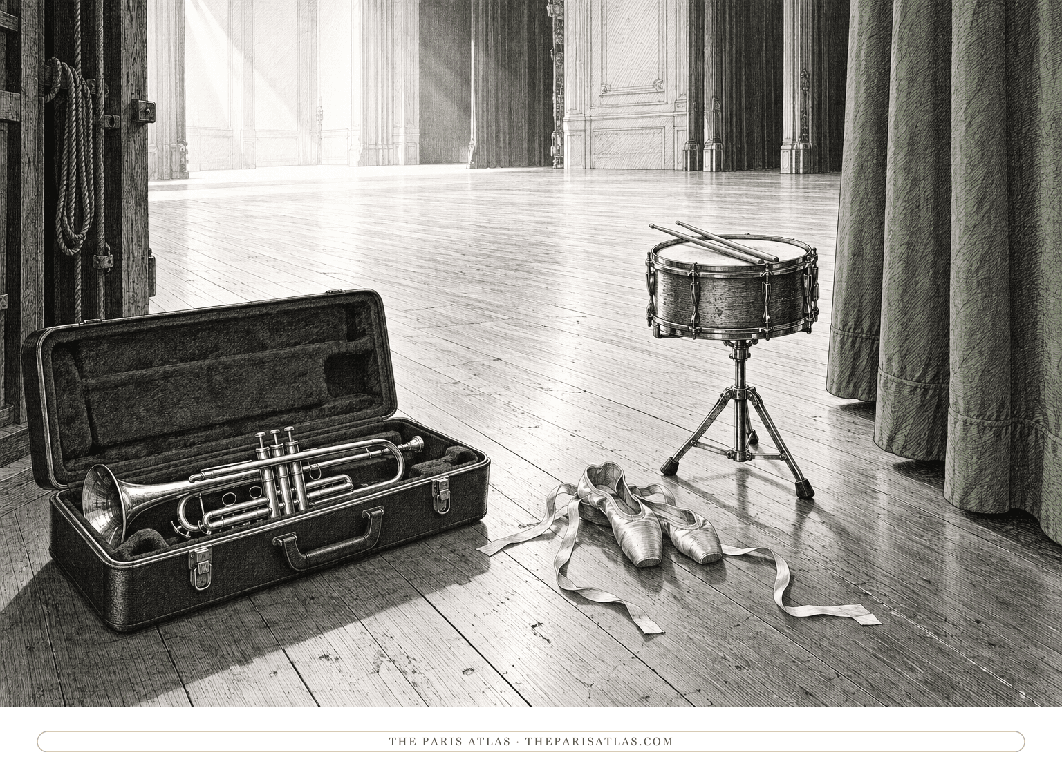 A trumpet in an open case, a drum on a stand and ballet shoes sit on an empty wooden stage beside a sage-green curtain.