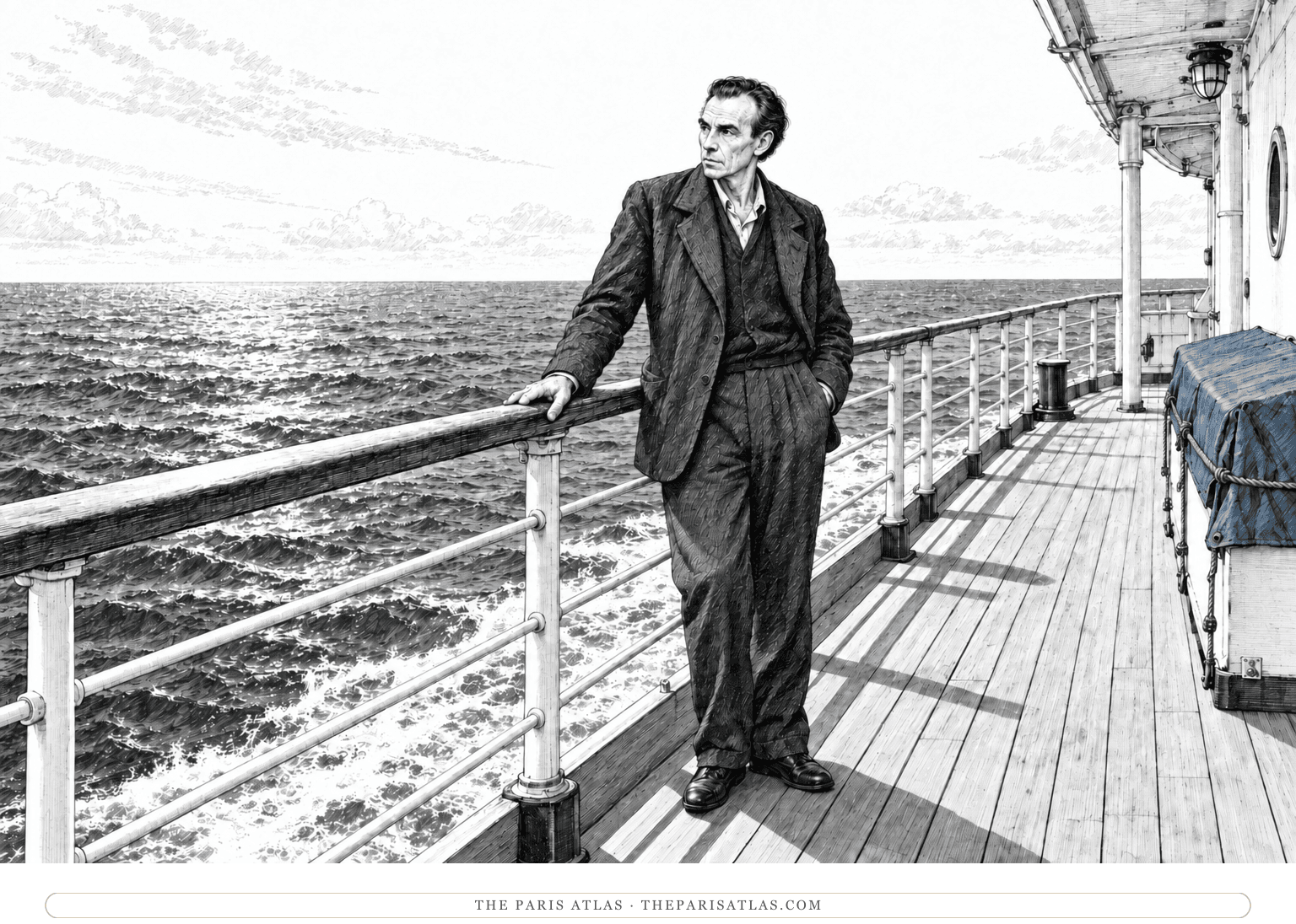 Céline stands at a passenger ship’s railing, looking across the sea, with a muted blue canvas cover along the deck.
