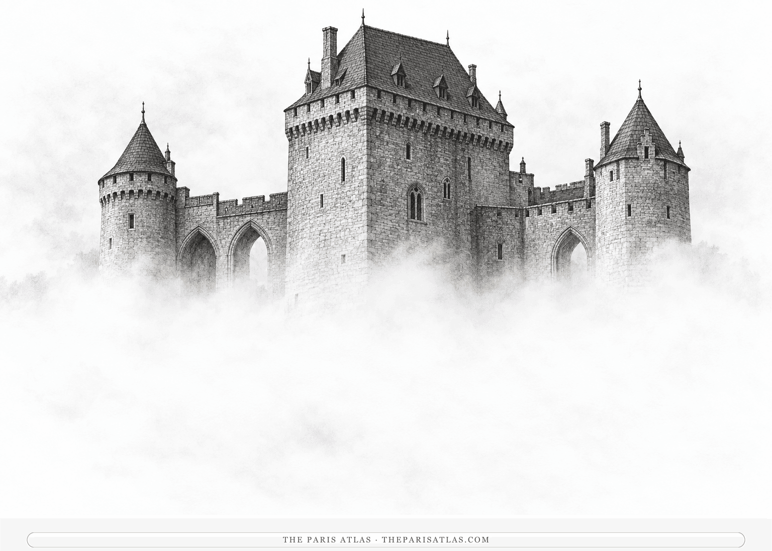 An imagined stone castle emerges from white mist, with muted sage pigment in its slate roofs.