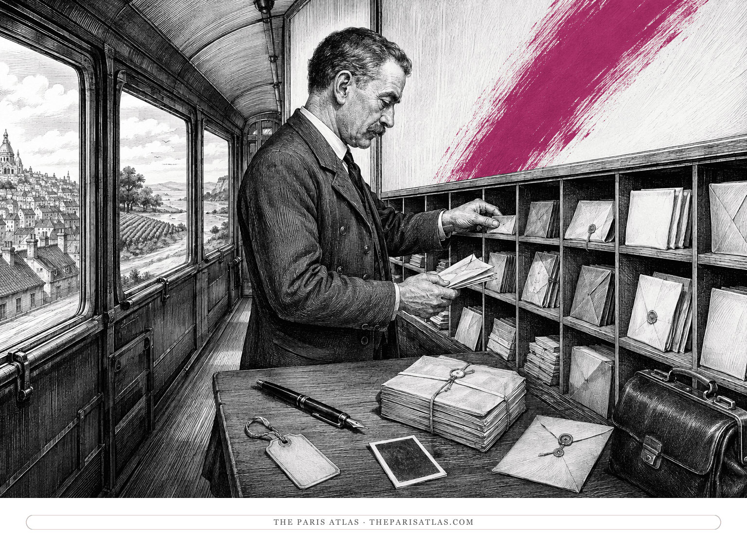 A railway mail clerk sorts varied letters toward different destinations beneath a steep magenta brushstroke.