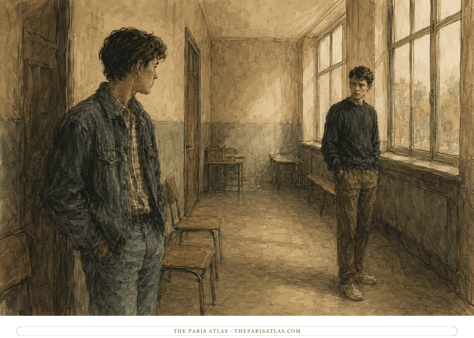 Philippe and Thomas stand apart and exchange a guarded look in an empty French school corridor in 1984