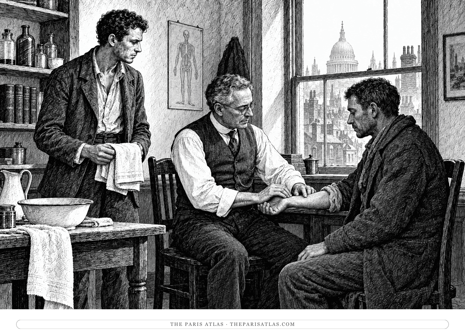 Ferdinand watches Dr. Yugenbitz take a seated patient’s pulse in a modest room, with one green-accented medicine bottle on a shelf.
