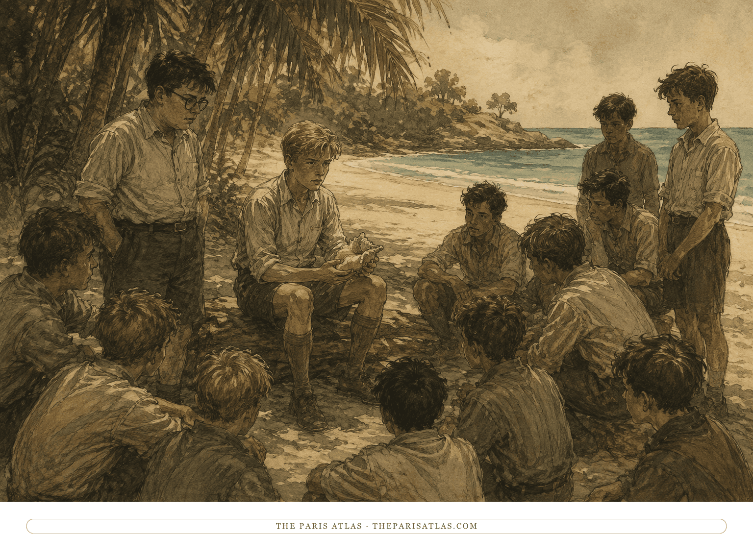 Stranded schoolboys gather around Ralph holding the conch on a tropical beach