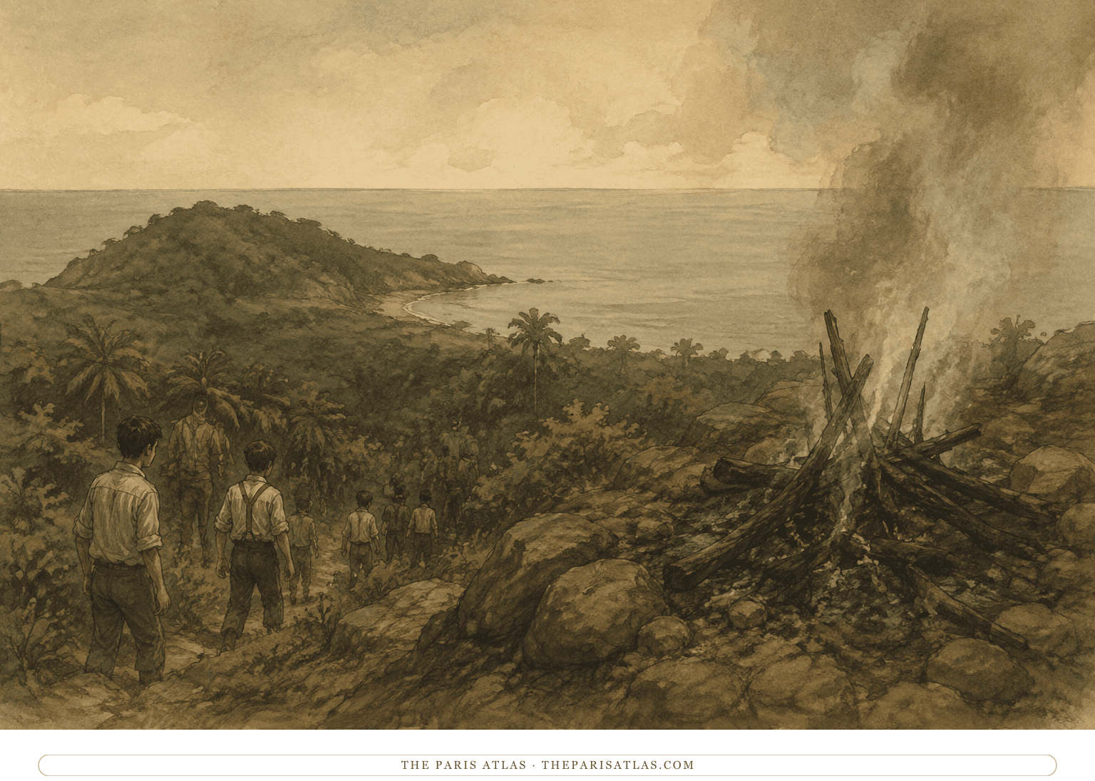 A neglected signal fire smolders above the island while boys move through the forest below
