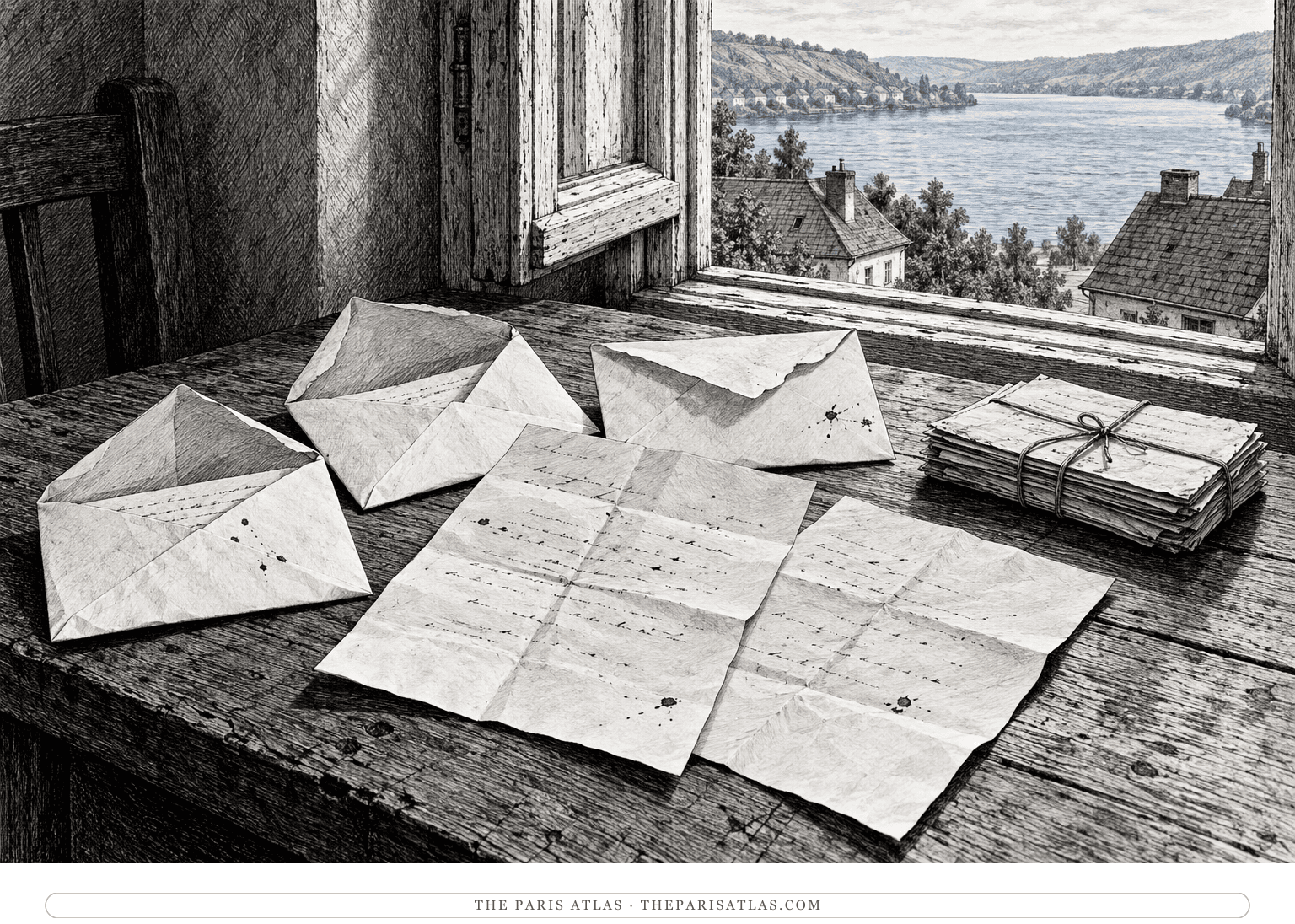 Opened letters and folded envelopes lie on a wooden table beside a window overlooking a quiet Rhineland river landscape.