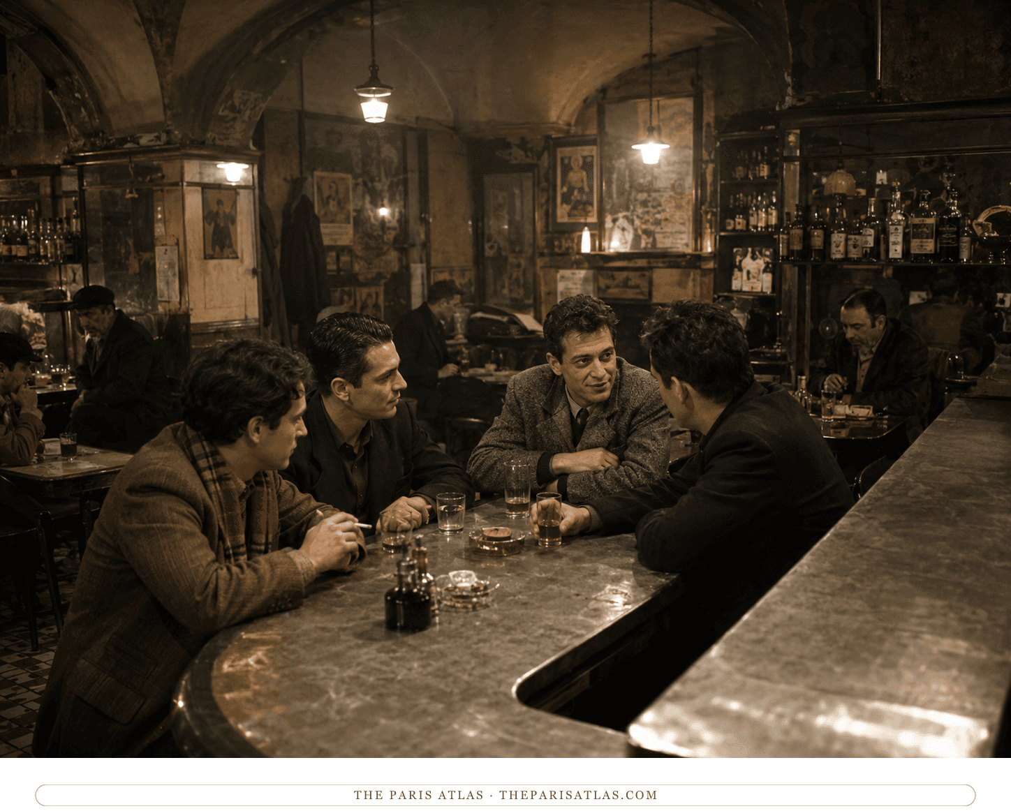 Pen-and-ink drawing of four men in 1950s coats talking over glasses and an ashtray at the curved counter of a vaulted Paris bar, other drinkers at tables behind them under hanging lamps