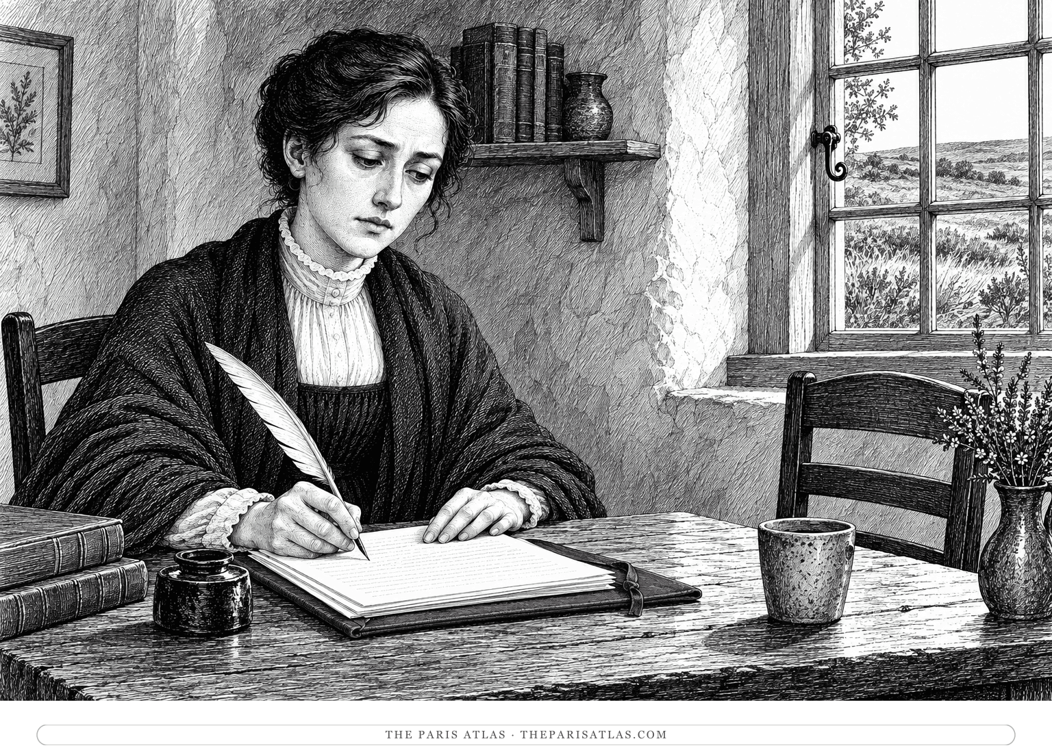 Ink illustration of Mathilda writing her account at a cottage table, with a muted plum portfolio beneath the pages and an empty chair opposite.