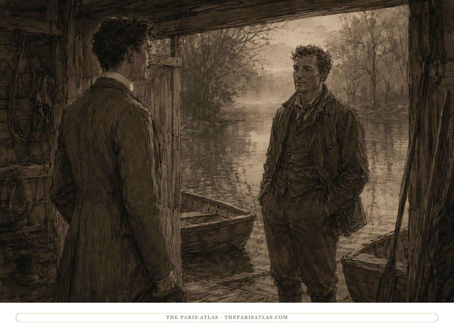 Maurice arrives at the Penge boathouse and finds Alec waiting in quiet morning light