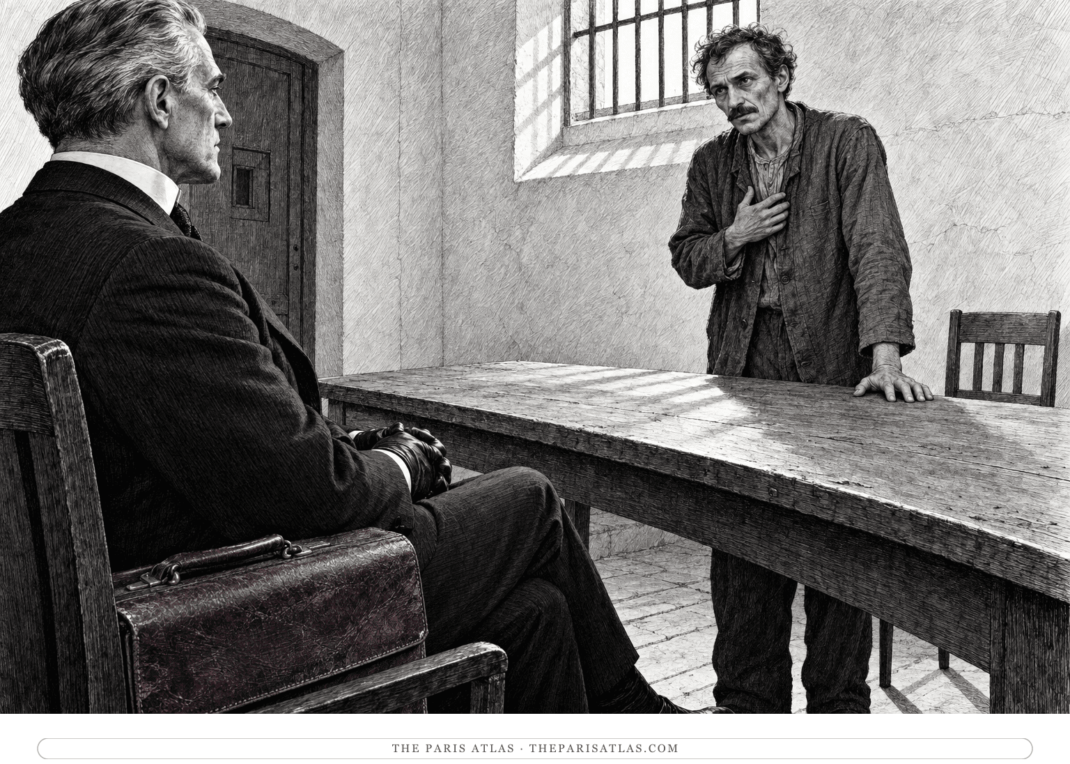 Leonhart Maurizius faces the formally dressed prosecutor Andergast across a bare prison-room table.