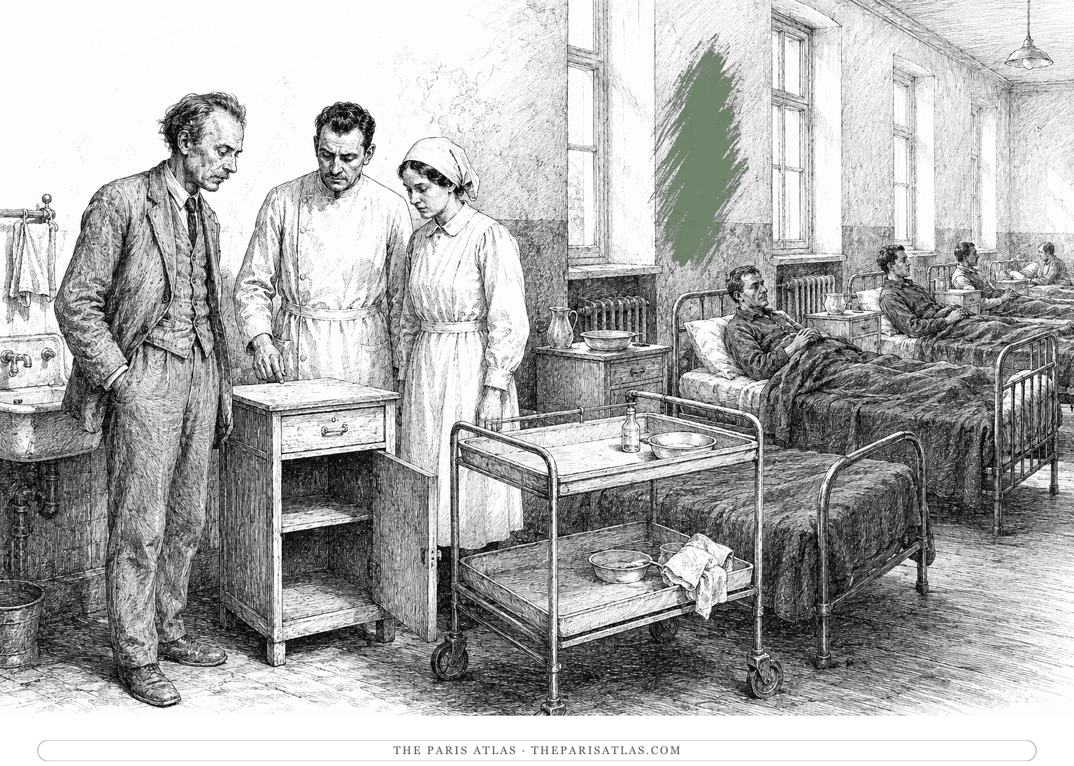 A visiting physician observes a sparse hospital ward beside a vertical sage-green brushstroke.