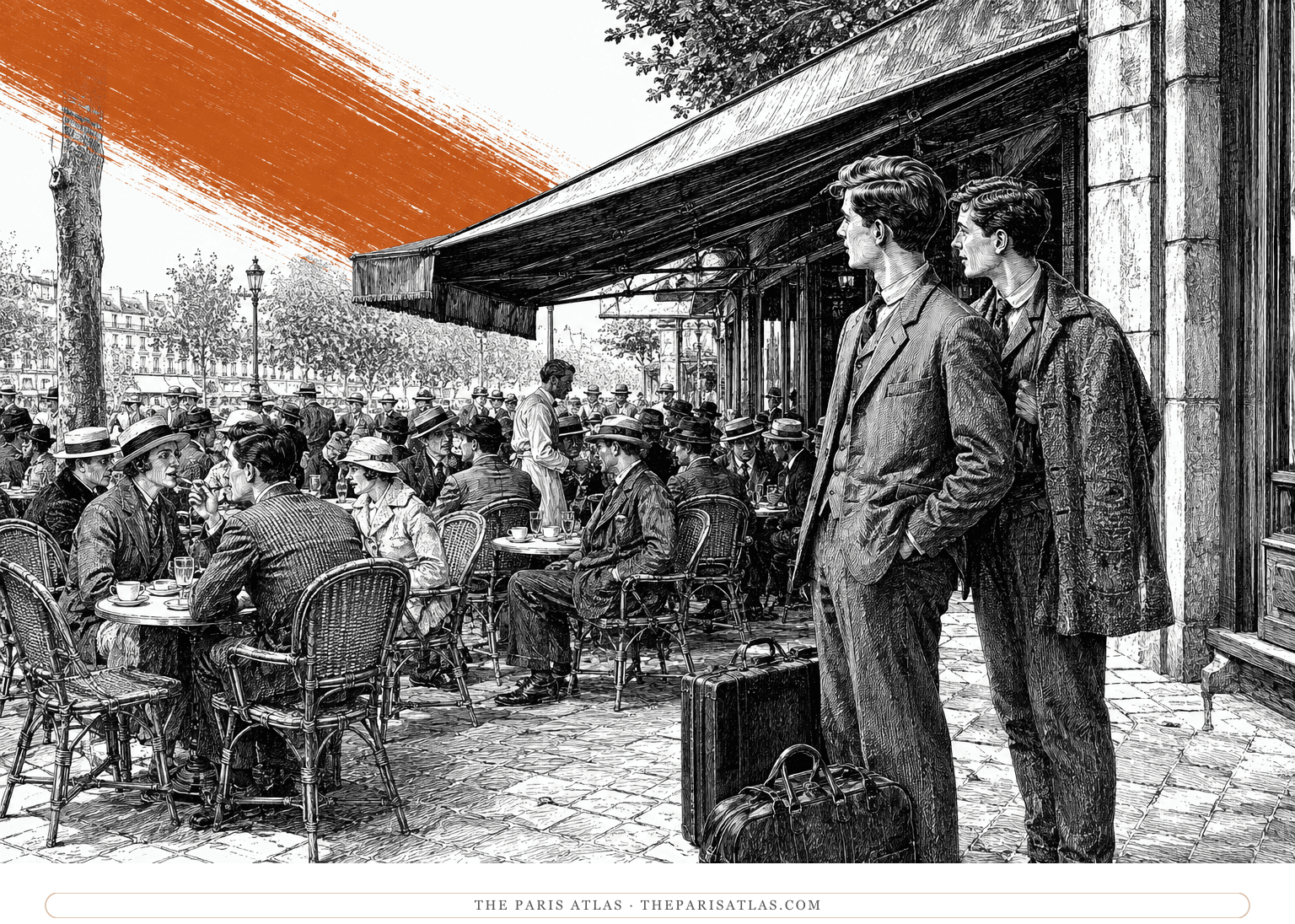 Two young men with travel bags look toward a busy pavement café beneath a descending burnt-orange brushstroke.