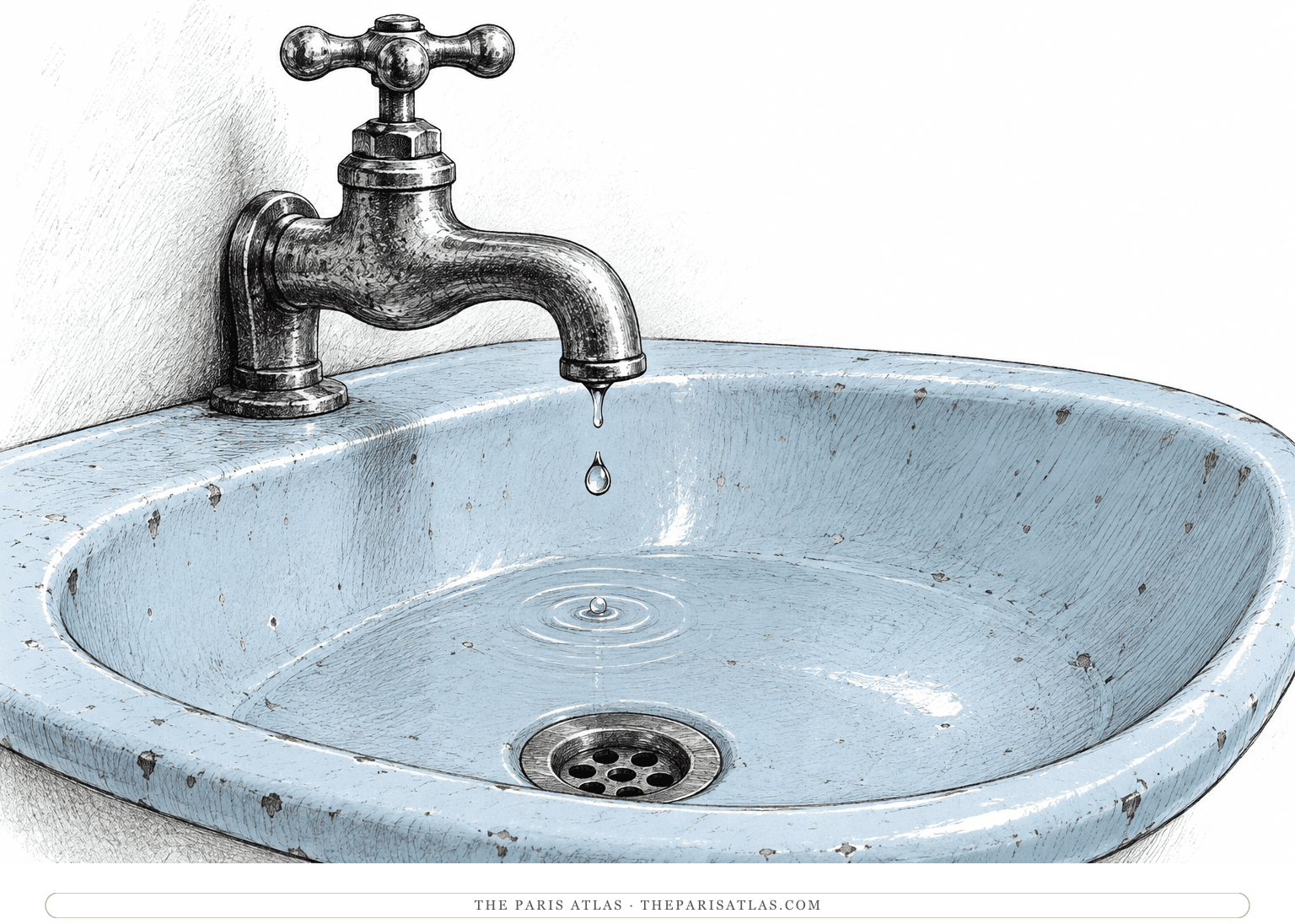 A drop falls from a mounted metal tap into a shallow basin.