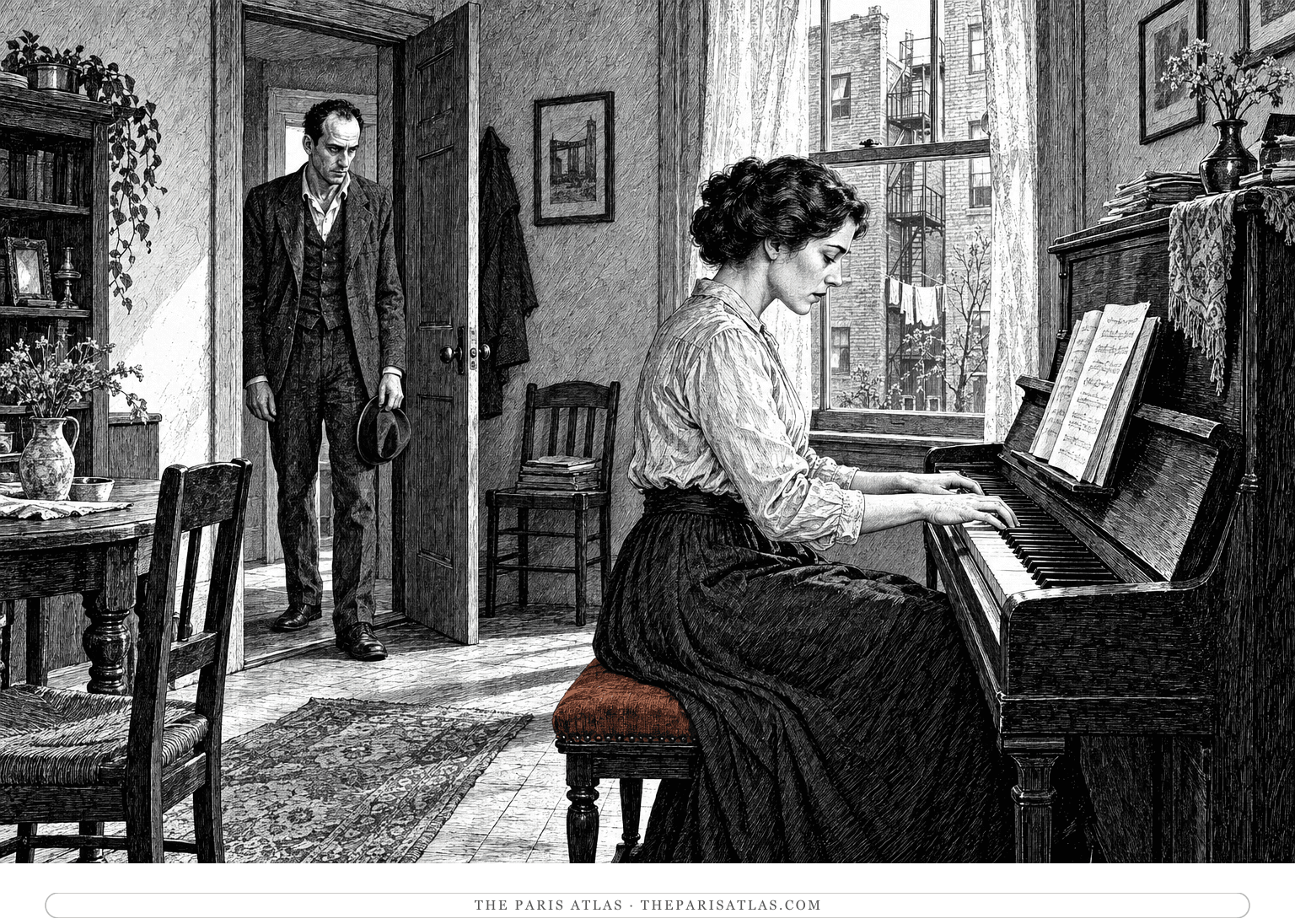 Blanche plays an upright piano while Dion pauses in the doorway of their Brooklyn flat; russet follows the stool’s fabric cushion.