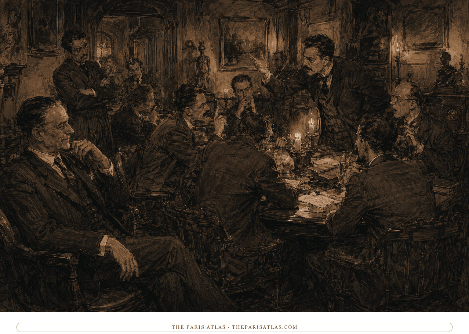 Simon Iff calmly observes an ornate occult gathering while rival magicians argue with excessive seriousness