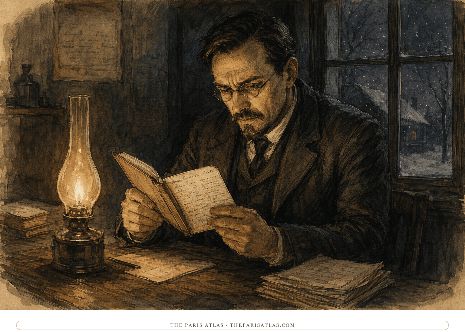 Dr. Bomgard sits at a desk reading Polyakov’s notebook while snow and rural darkness fill the window