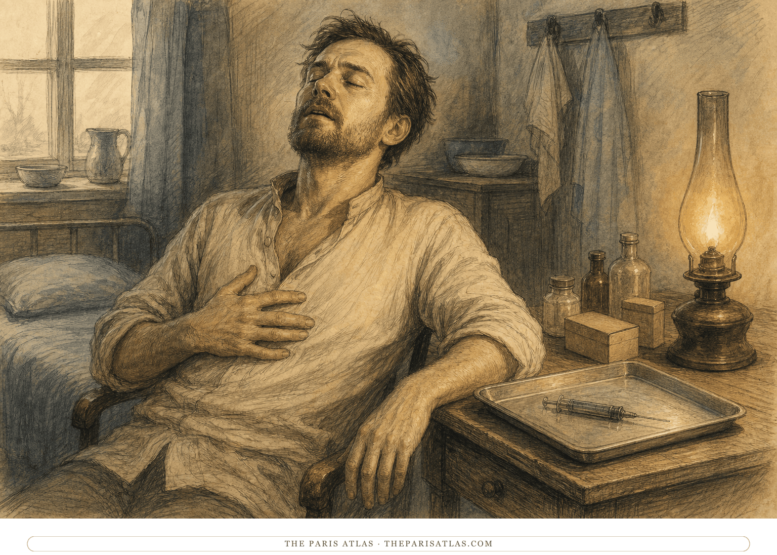 Dr. Polyakov sits alone in a rural medical room as severe pain gives way to relief after his first morphine injection