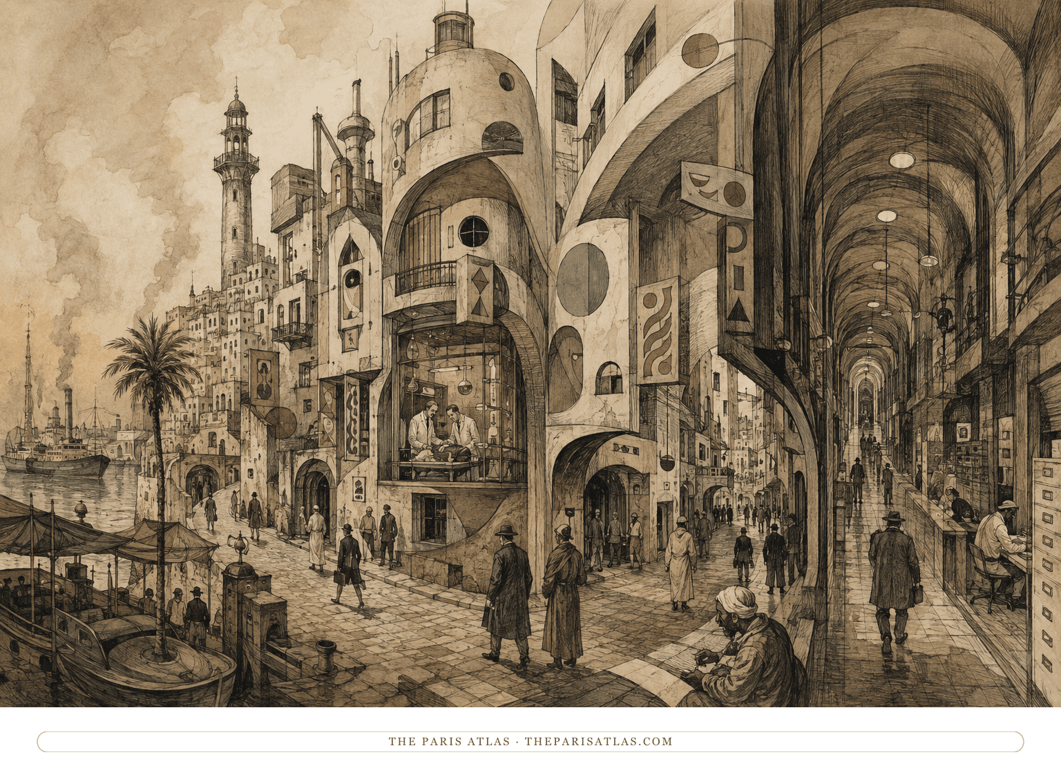 A surreal port-city street where agents, doctors, and other figures move through impossible architecture