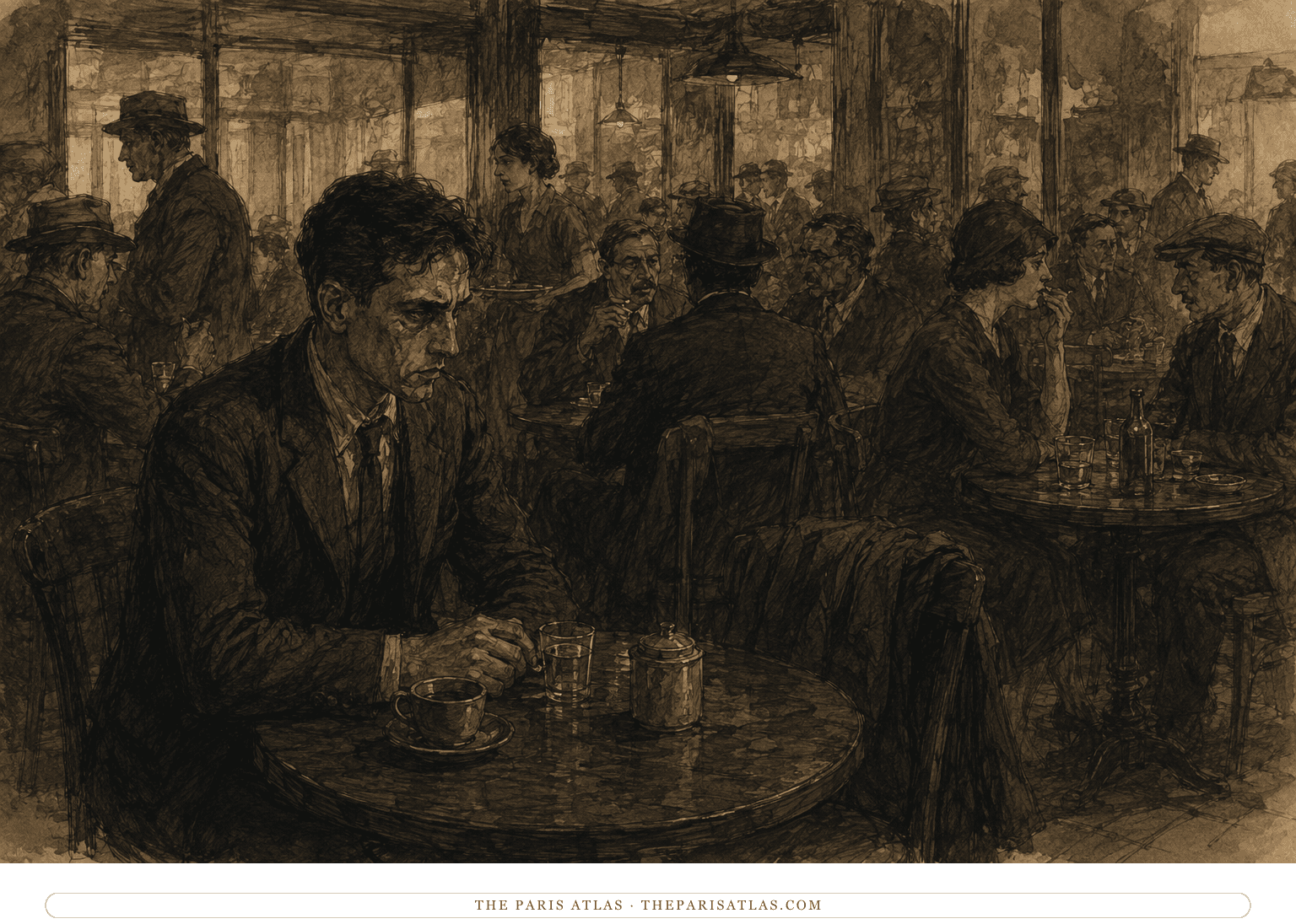 Roquentin sits alone at a Bouville café table while patrons talk around him
