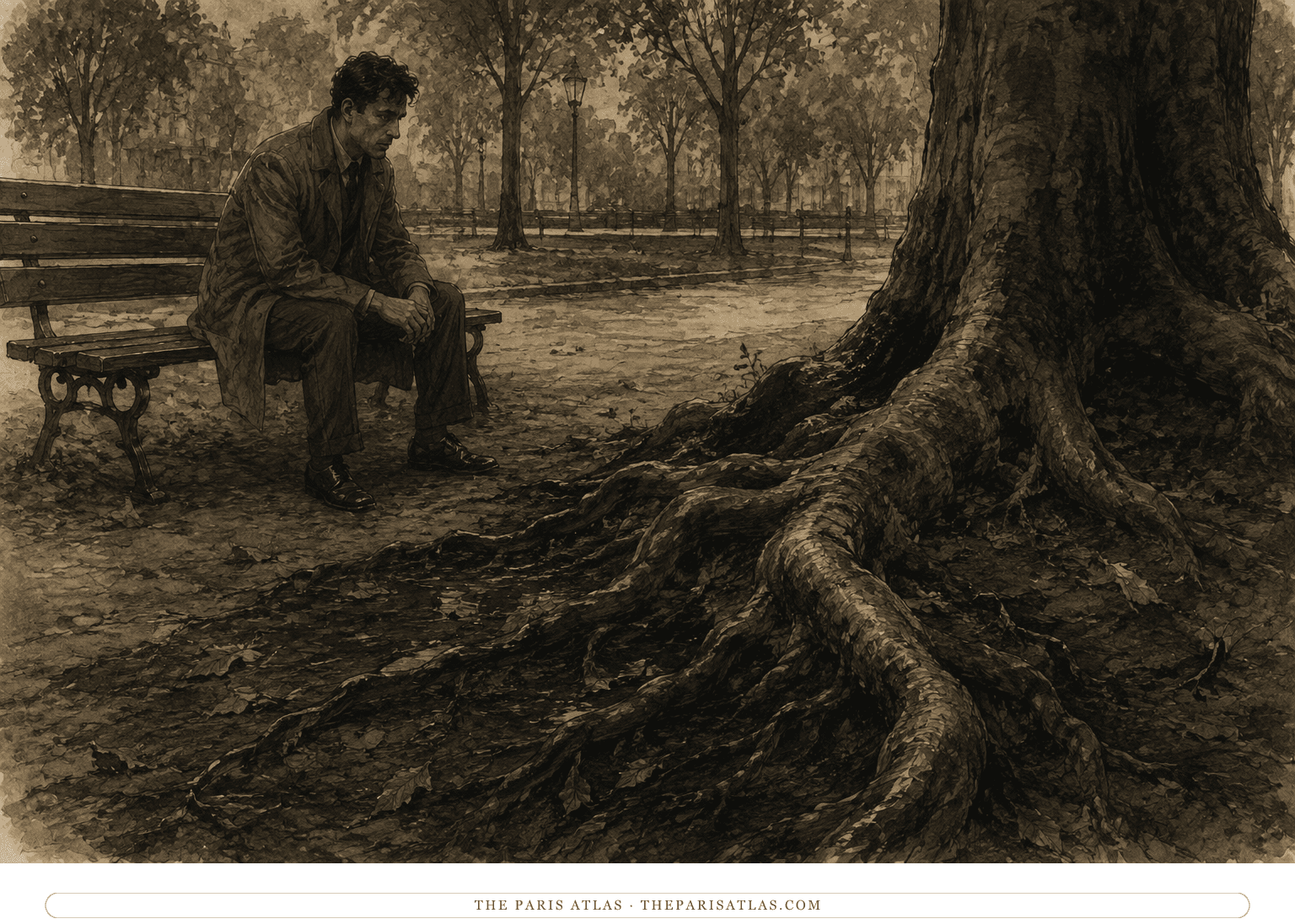 Roquentin stares from a park bench at a thick chestnut root emerging from dark soil