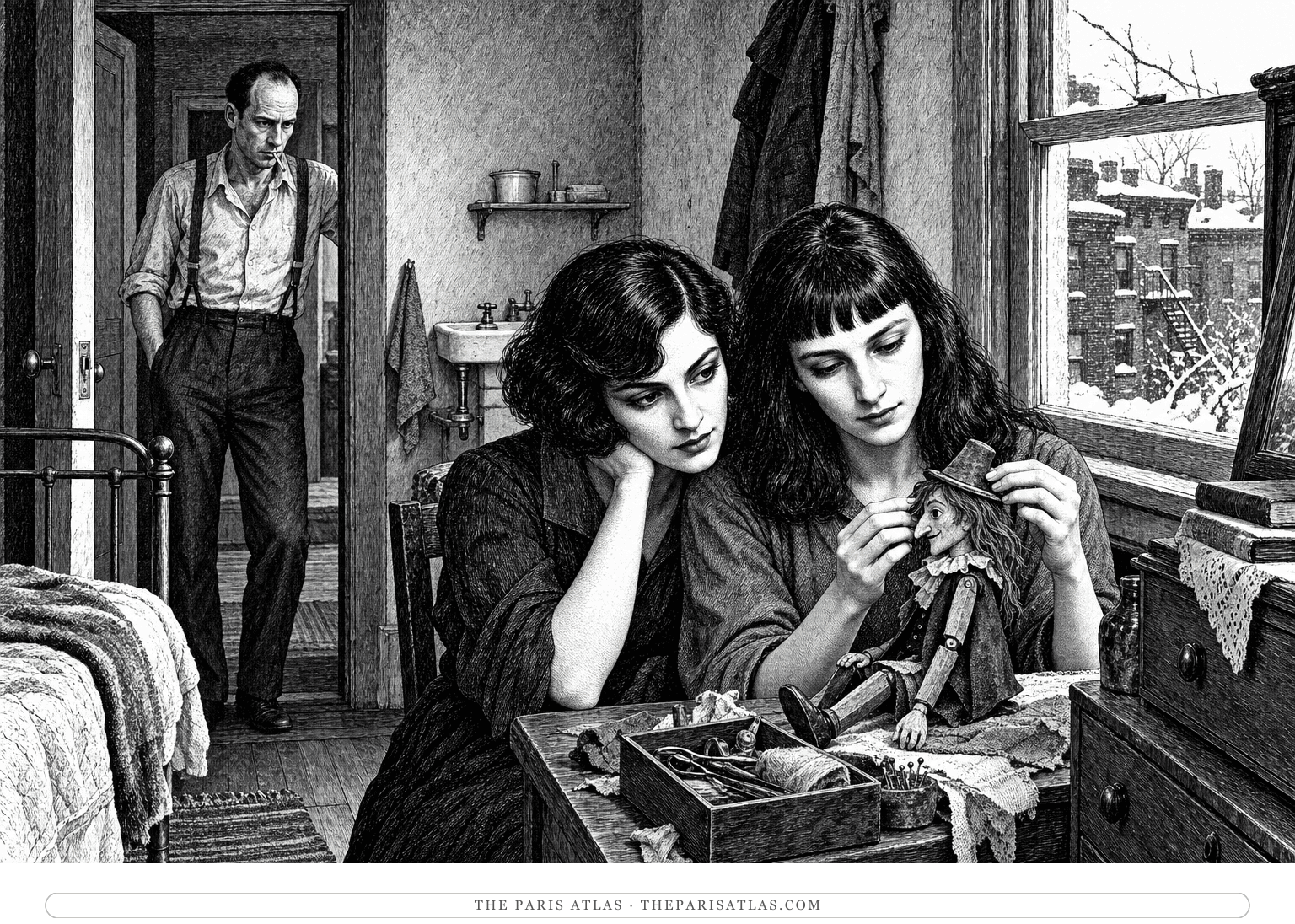 Stasia and Mona attend to Count Bruga the puppet while Henry watches from the doorway of a cramped Brooklyn room; purple colors the puppet's string wig.