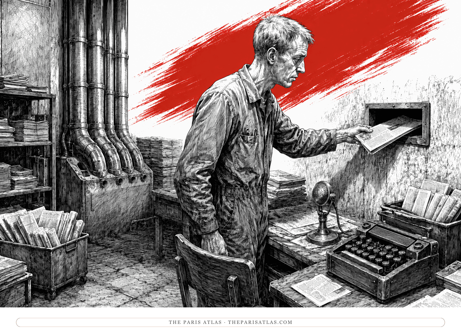 A frail fair-haired clerk feeds a newspaper into a wall chute beside a dictation machine and pneumatic tubes, beneath a red brushstroke.
