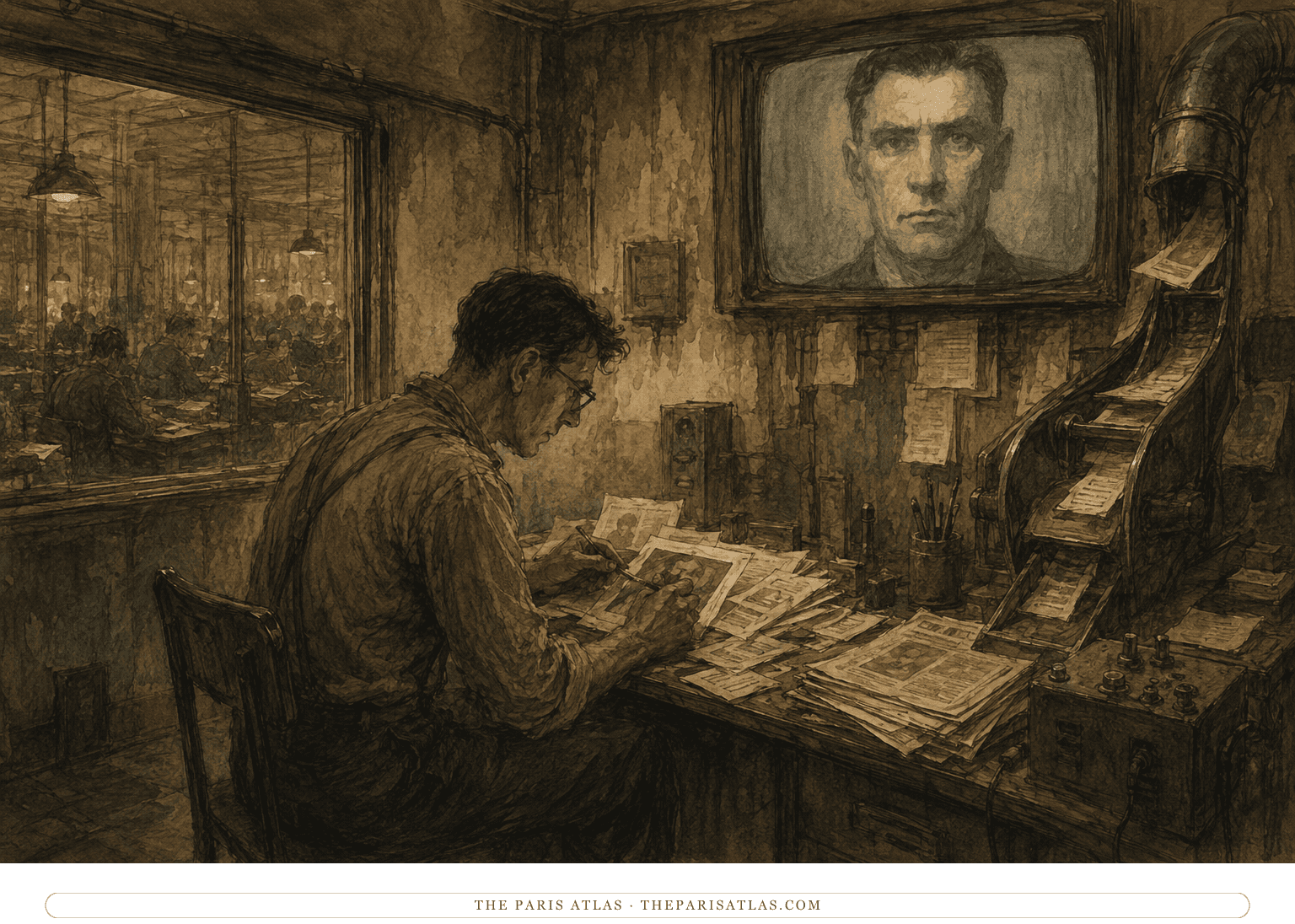 Winston Smith alters newspaper records beneath a telescreen in the Ministry of Truth