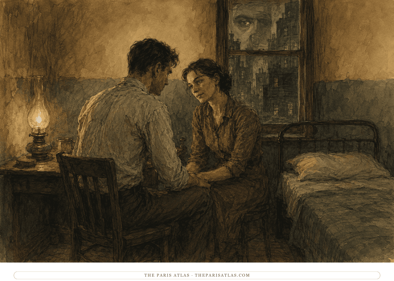 Winston and Julia sit together in the rented room above Mr Charrington's shop