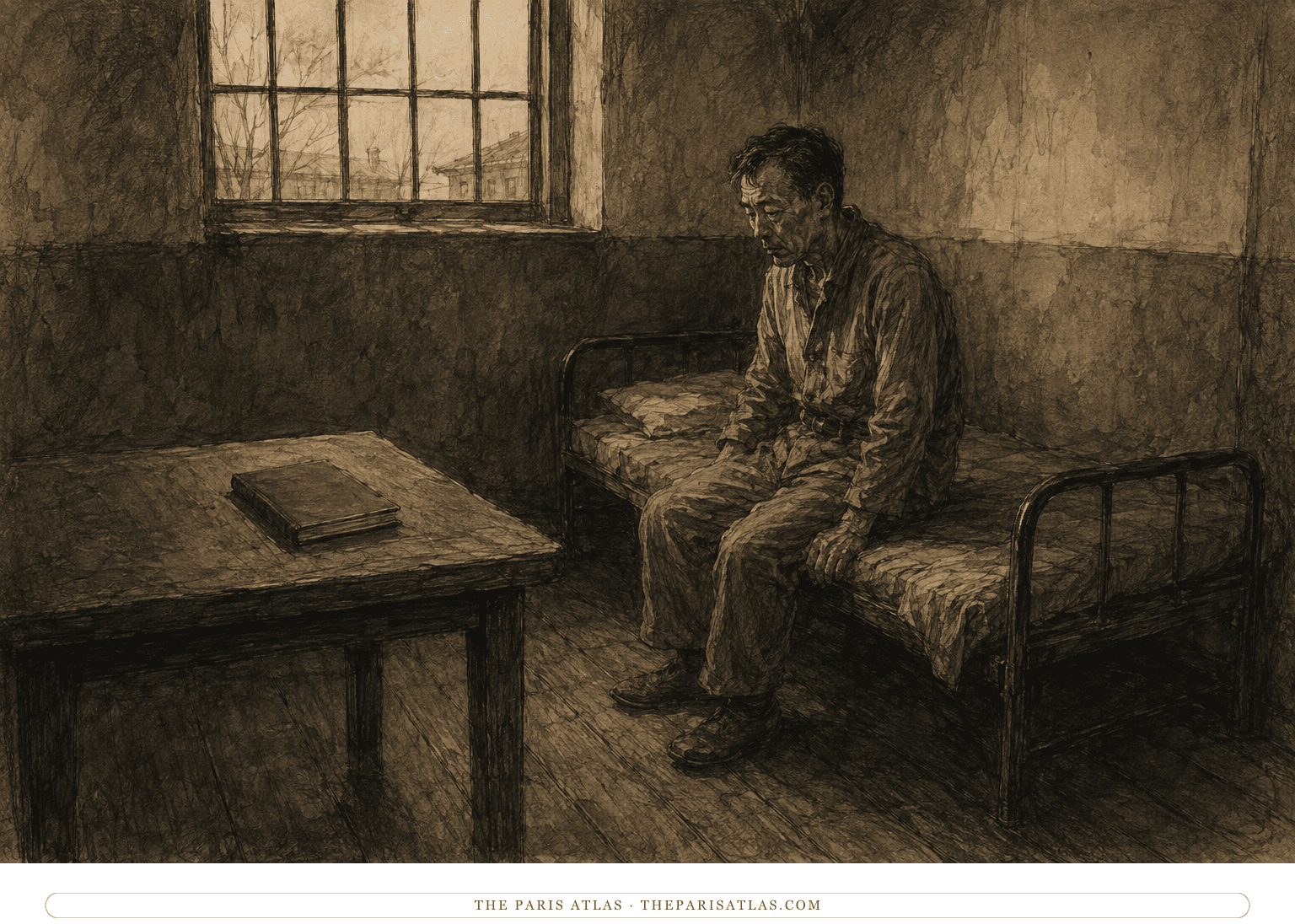 An older Yōzō sits alone beside a closed notebook in a sparse institution room