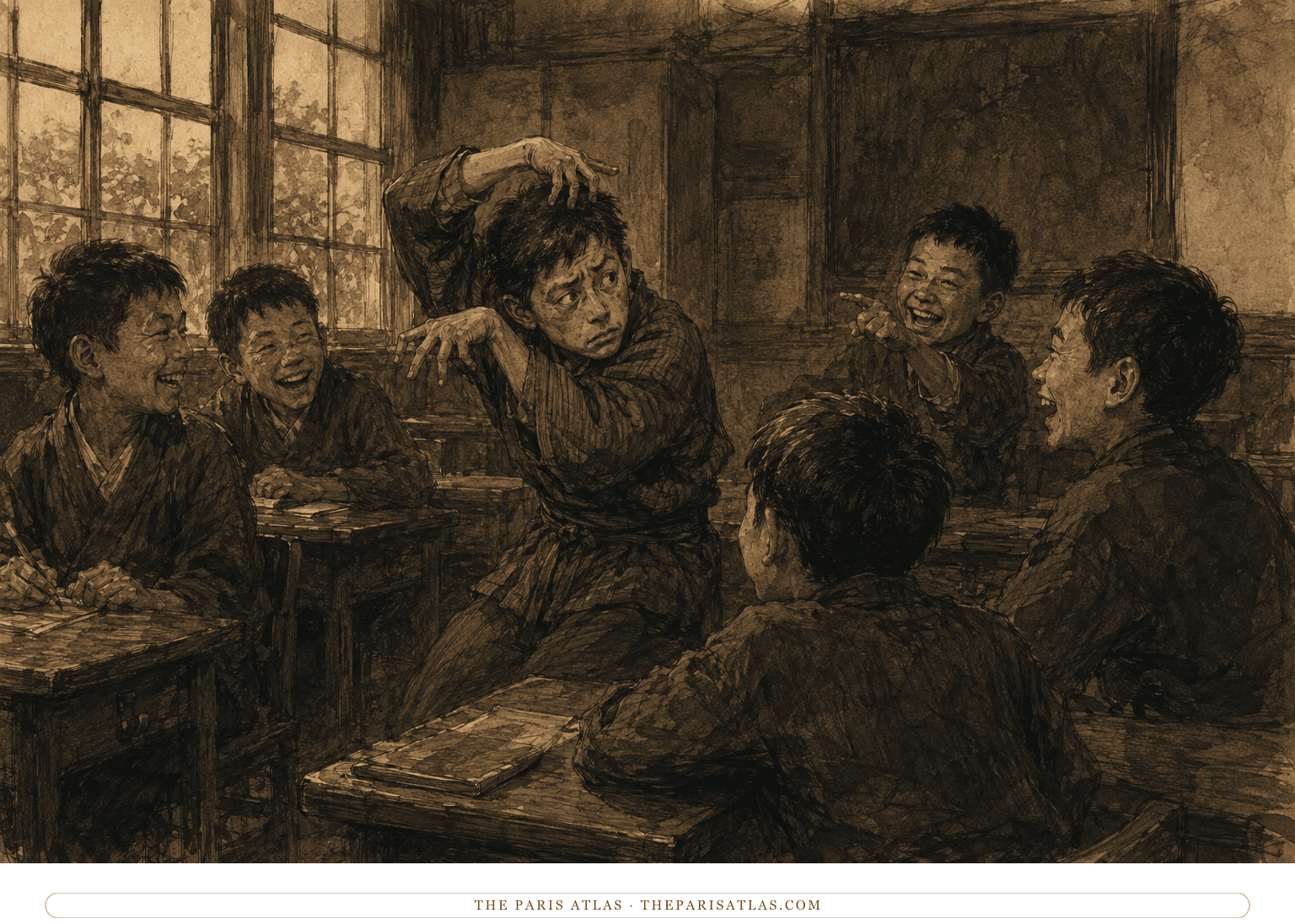 Young Yōzō makes classmates laugh while watching them with frightened eyes