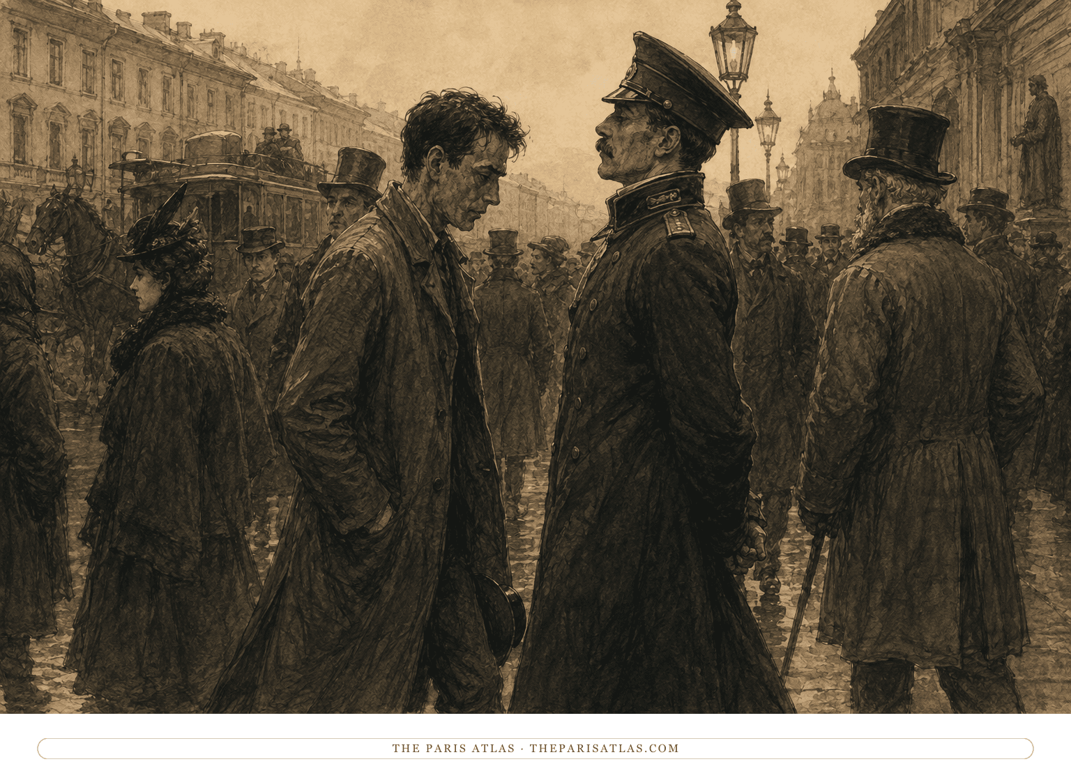 The Underground Man walks rigidly toward a tall officer on Nevsky Prospect while other pedestrians pass