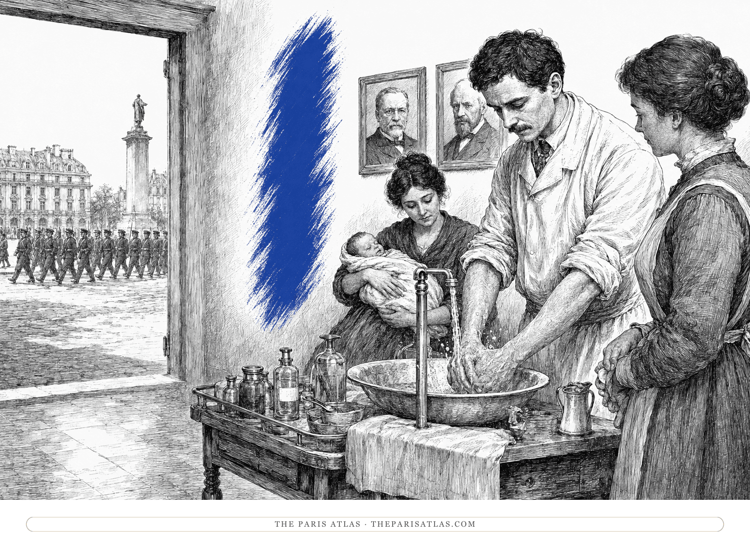 A young physician works beside a midwife and infant while a military parade passes beyond a vertical ultramarine brushstroke.