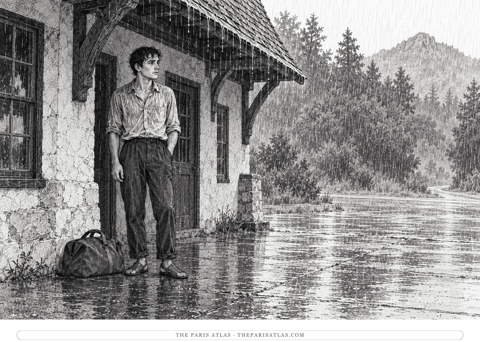 Sal shelters beneath a filling-station roof in heavy rain, with his canvas bag beside him.