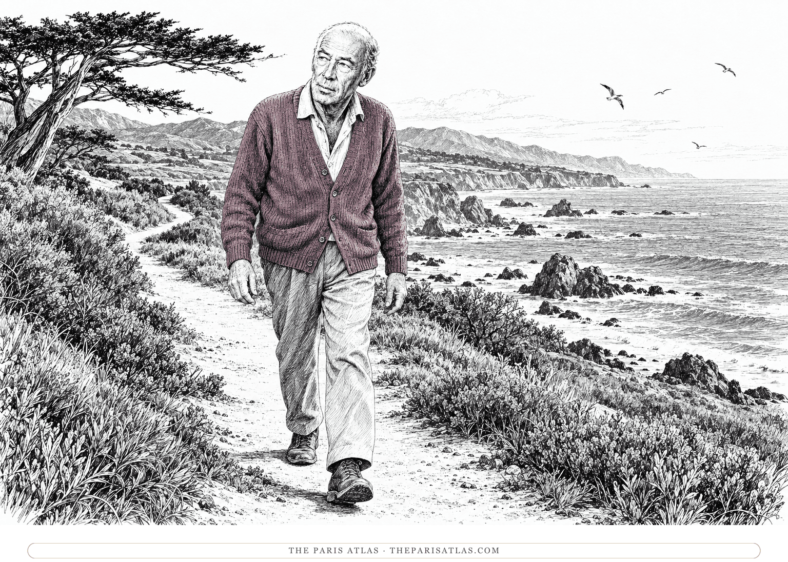 An elderly Henry Miller walks along a quiet coastal path, enjoying the sea air and sunlight.