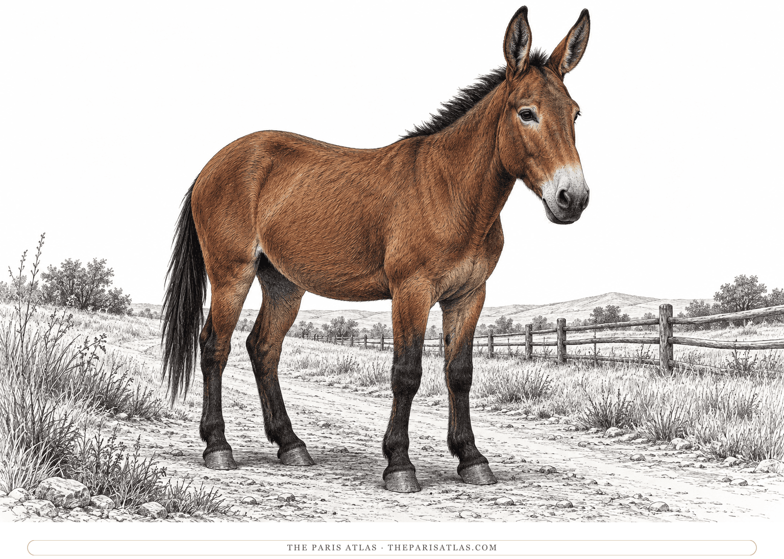 A sturdy adult mule with a warm brown coat stands squarely on a rough path, its long ears upright, in a fine black-ink landscape.