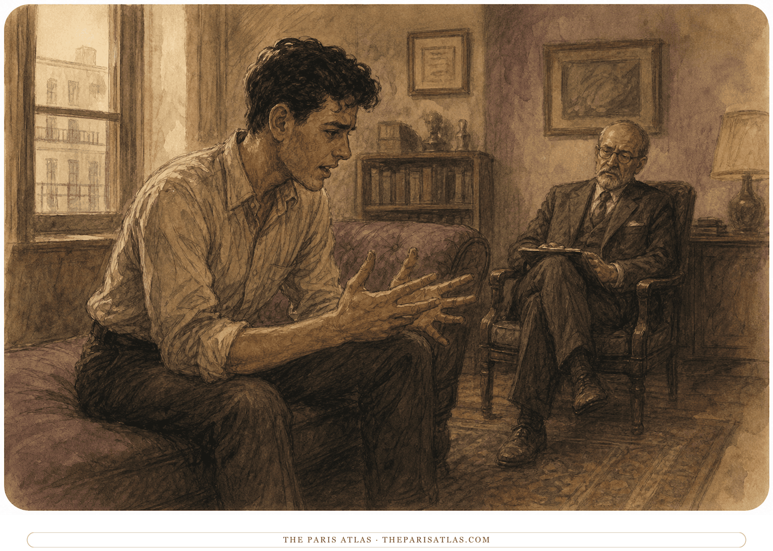 Alexander Portnoy speaks intensely from an analyst’s couch while Dr. Spielvogel listens almost motionless