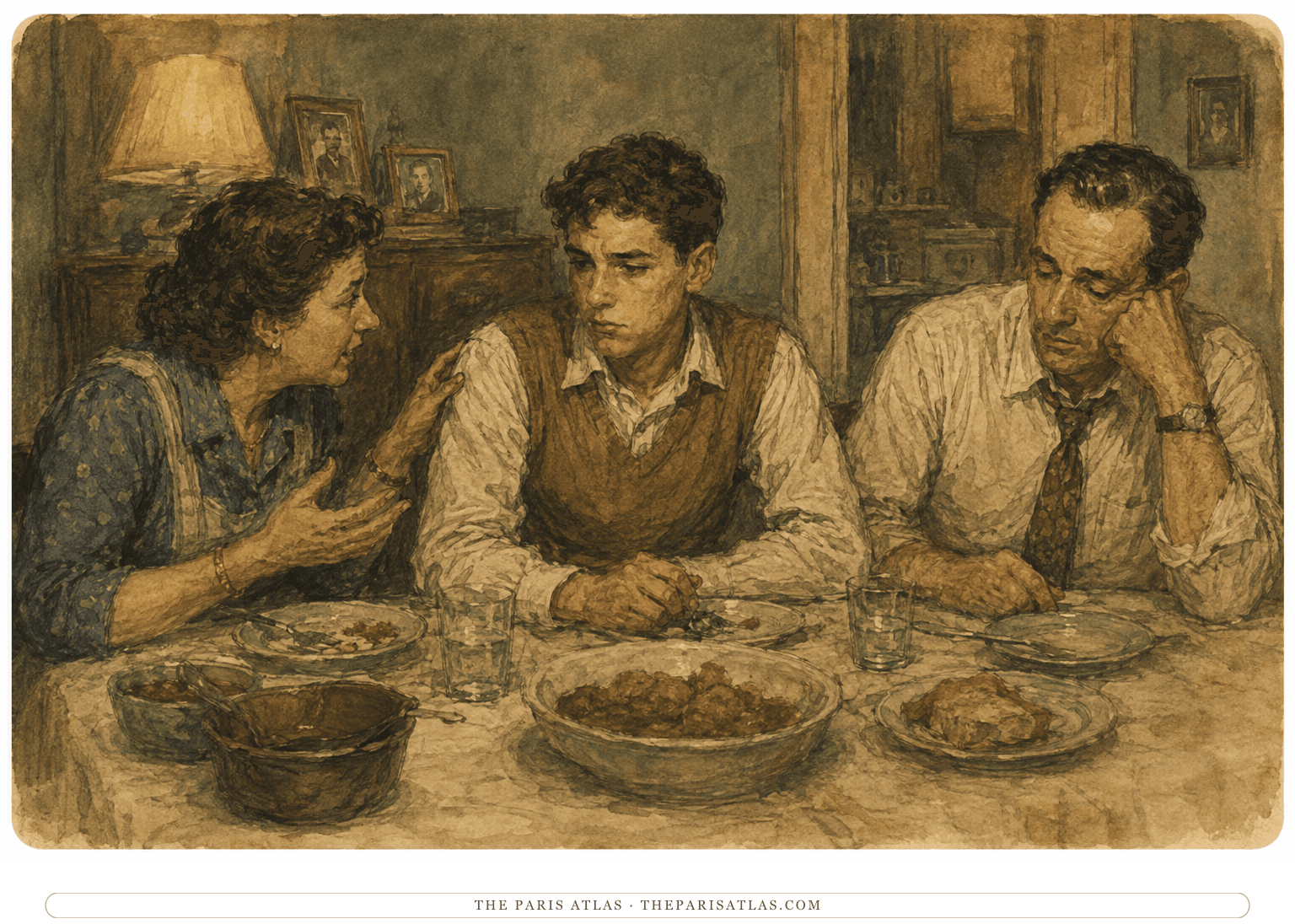 Young Alexander Portnoy sits between Sophie and Jack at a mid-century Newark family dinner