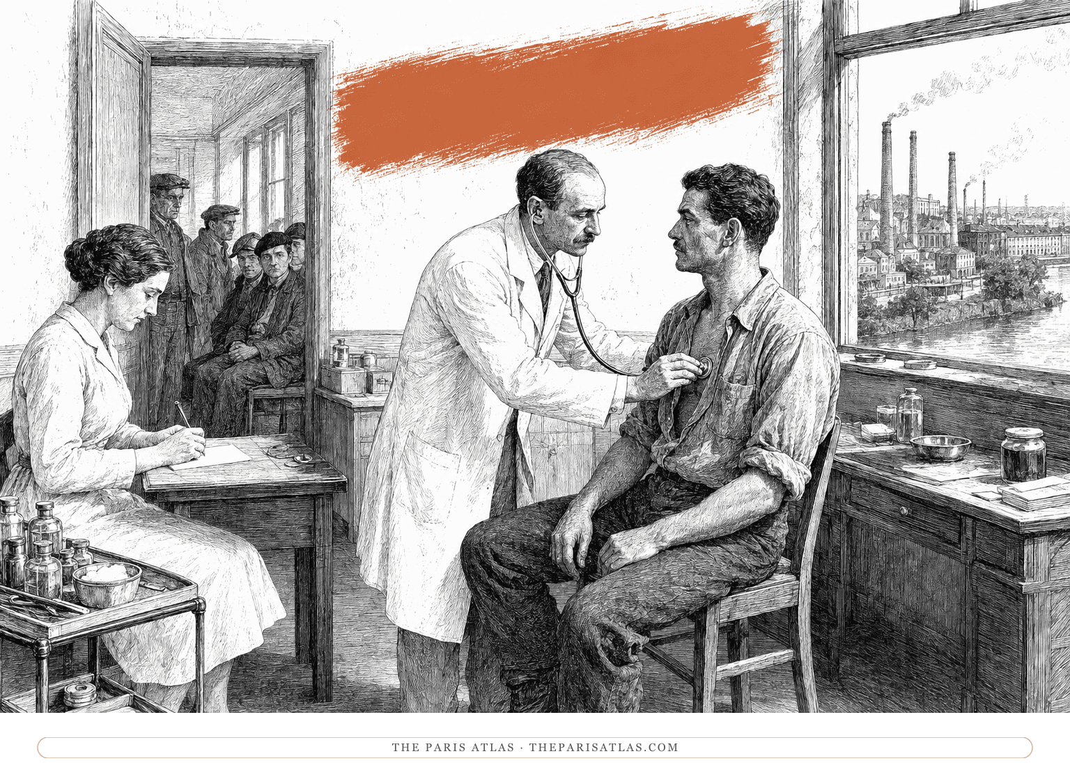 A doctor examines a factory worker in a suburban dispensary beneath a horizontal terracotta brushstroke.