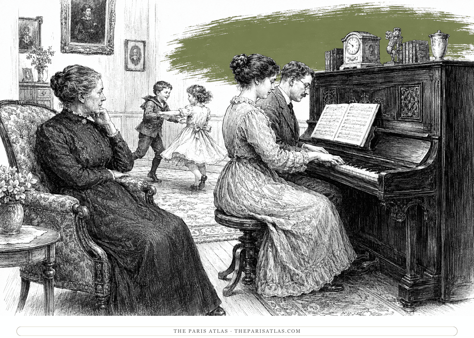 A woman and a man play an upright piano as an older woman watches and children dance beneath an olive brushstroke.