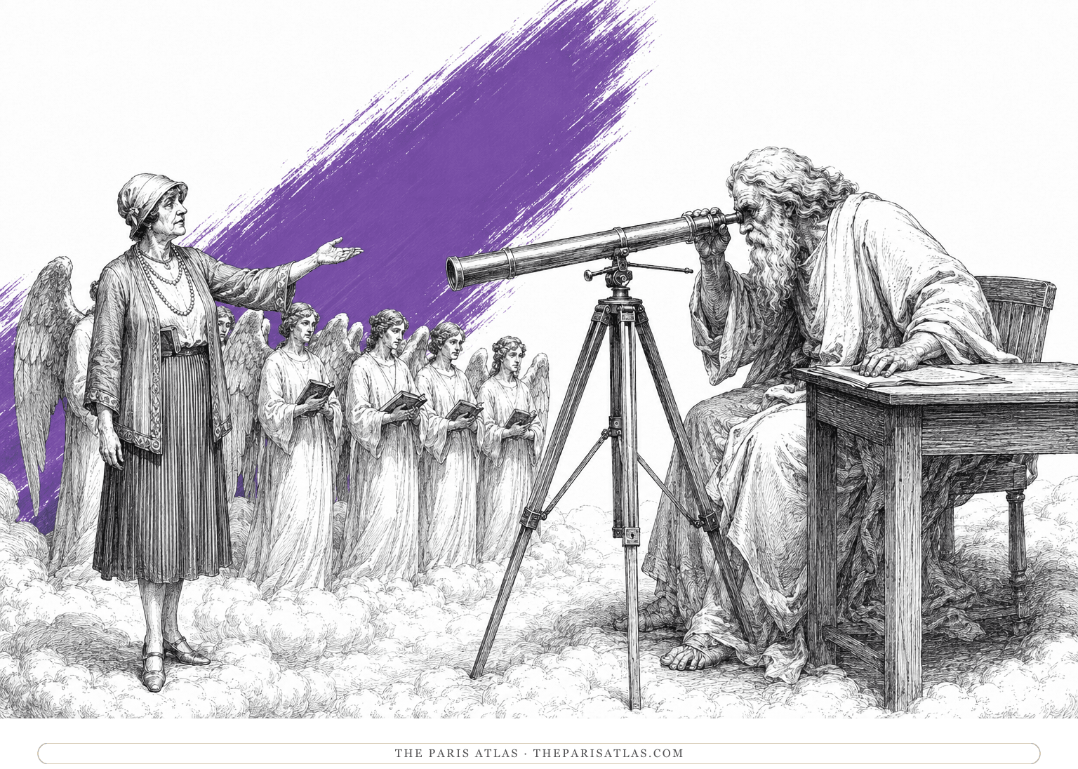 An elderly robed figure peers through a long telescope while an older woman and a row of angels watch beneath a purple brushstroke.