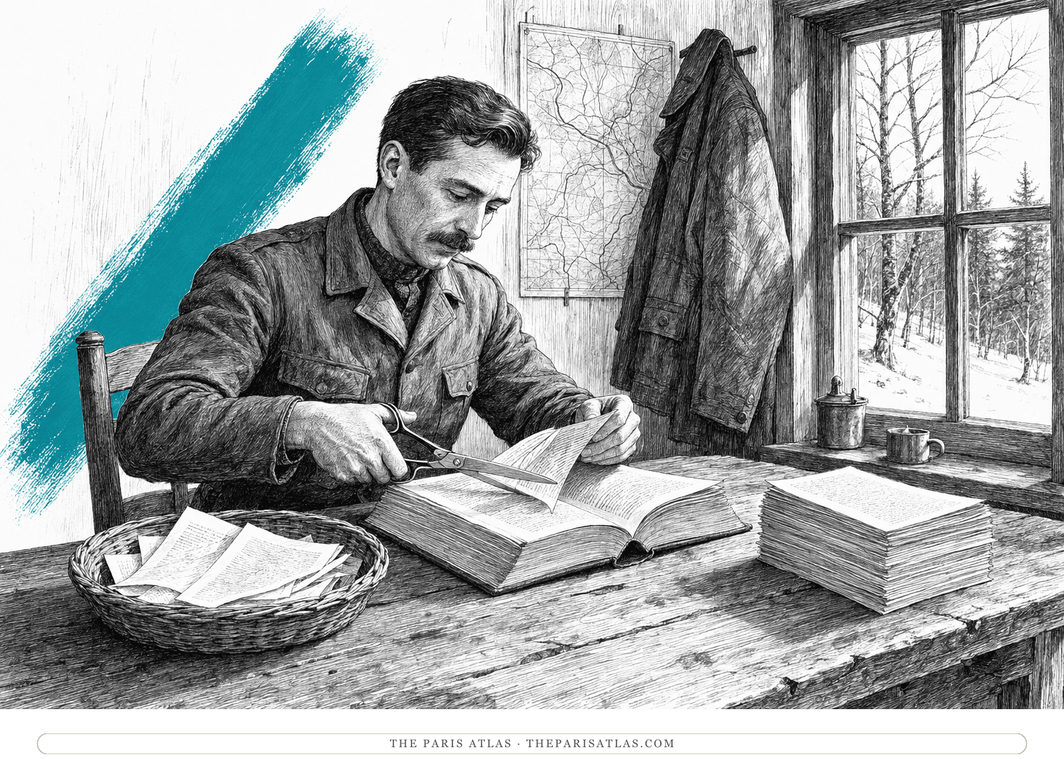 A forest officer trims pages from a book at a cabin table beneath a rising turquoise brushstroke.