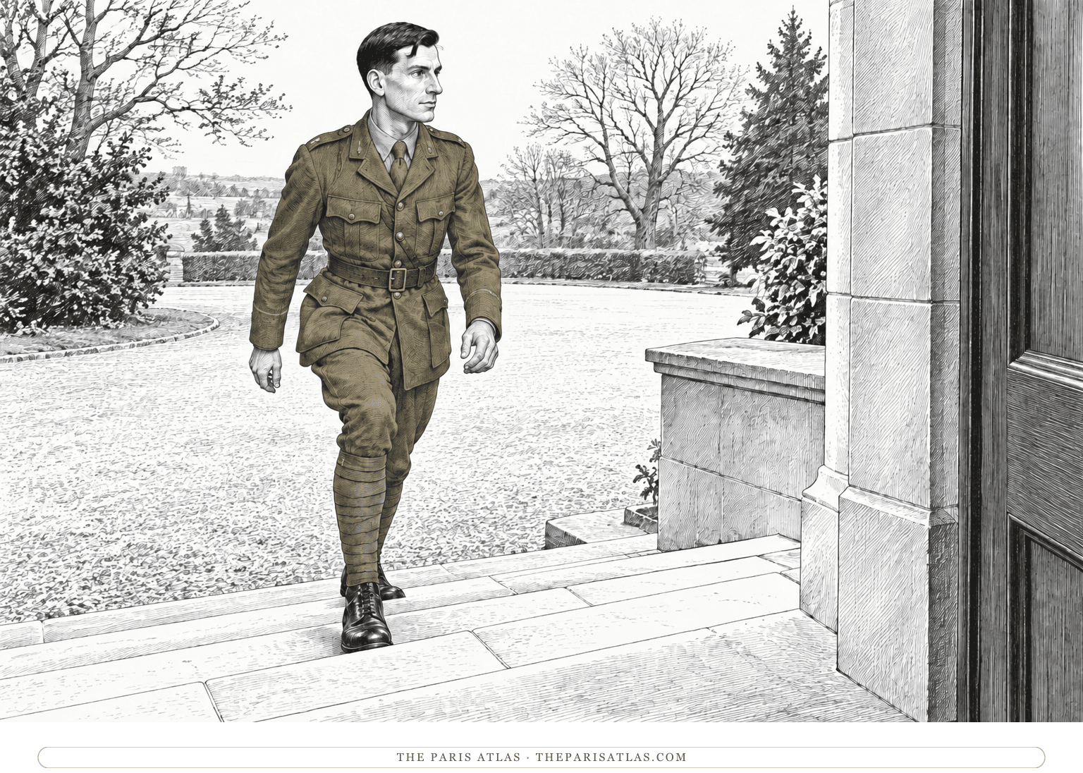 Sassoon ascends the stone steps toward a hospital entrance.