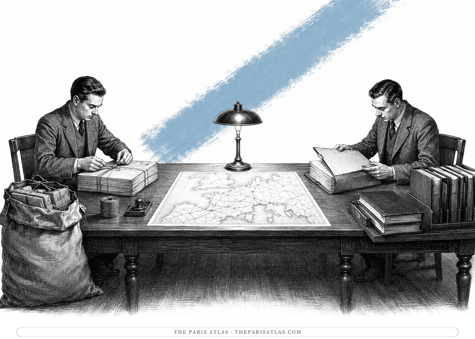 A sealed defence dossier passes between two clerks across a map-covered table beneath a descending ice-blue brushstroke.
