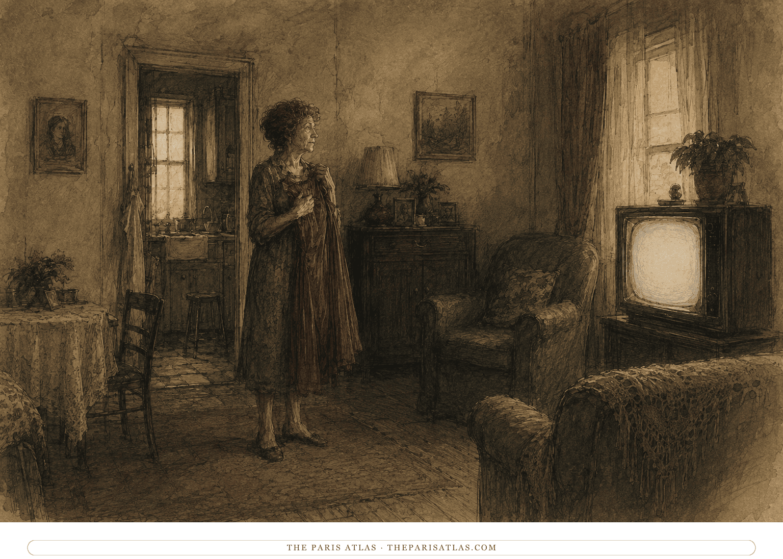 Sara Goldfarb stands in her apartment with her red dress while the television casts an insistent glow